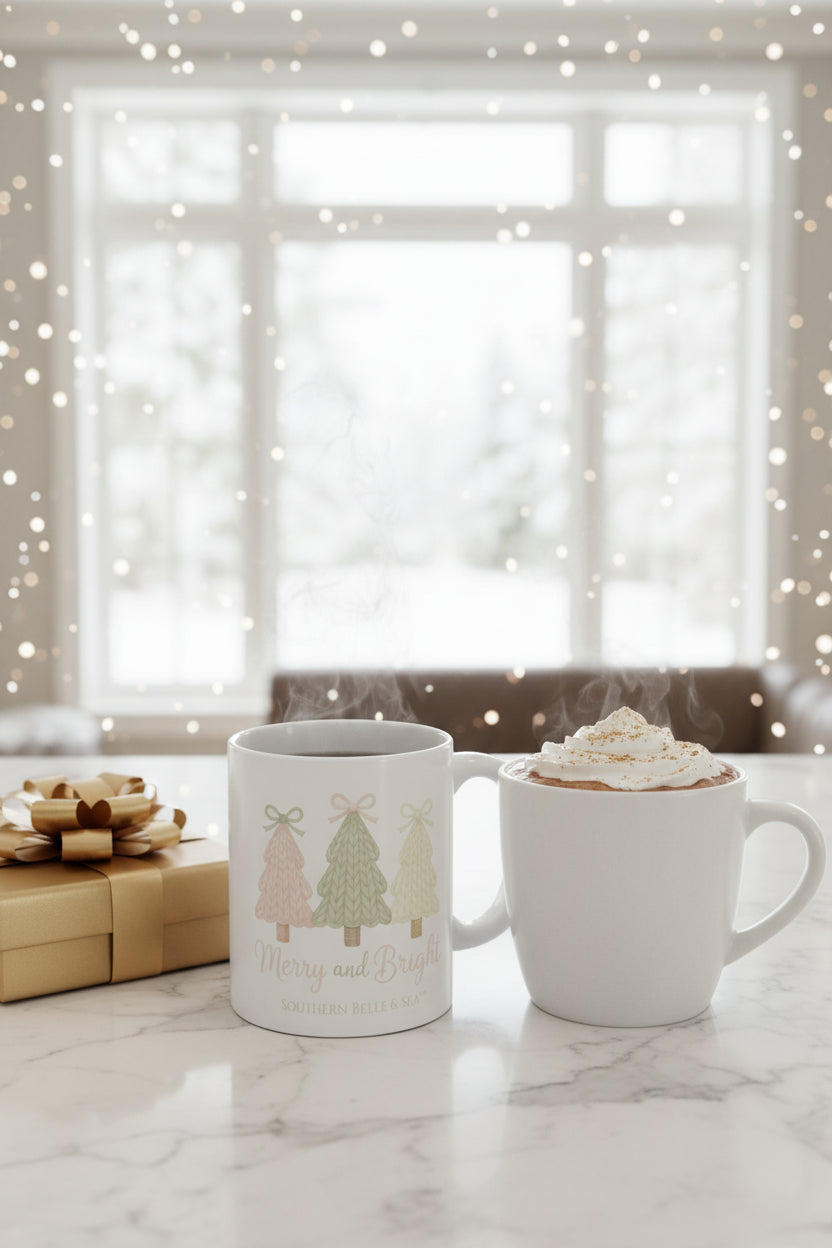 Merry and Bright Knitted Christmas Tree Mug (11oz) — Cozy™ Holiday Collection | Southern Belle & Sea™ - Southern Belle & Sea