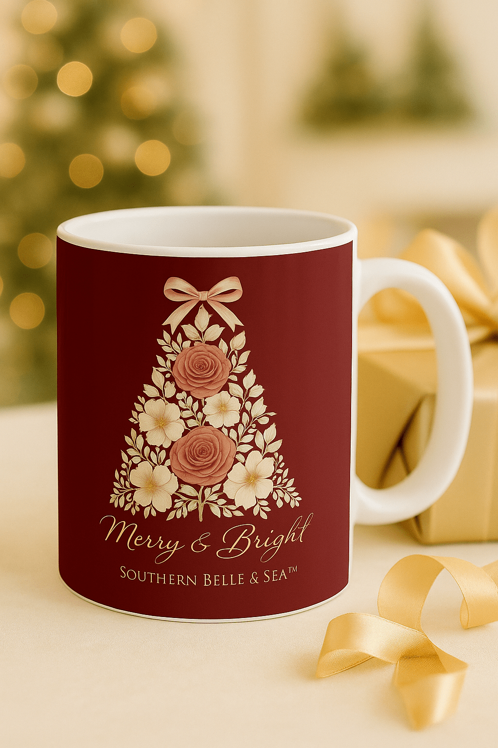 Merry & Bright — Burgundy Christmas Tree Ceramic Mug (11oz) | Southern Belle & Sea™ - Southern Belle & Sea