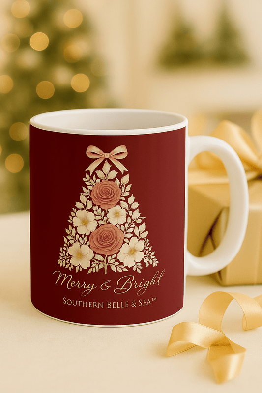 Merry & Bright — Burgundy Christmas Tree Ceramic Mug (11oz) | Southern Belle & Sea™ - Southern Belle & Sea
