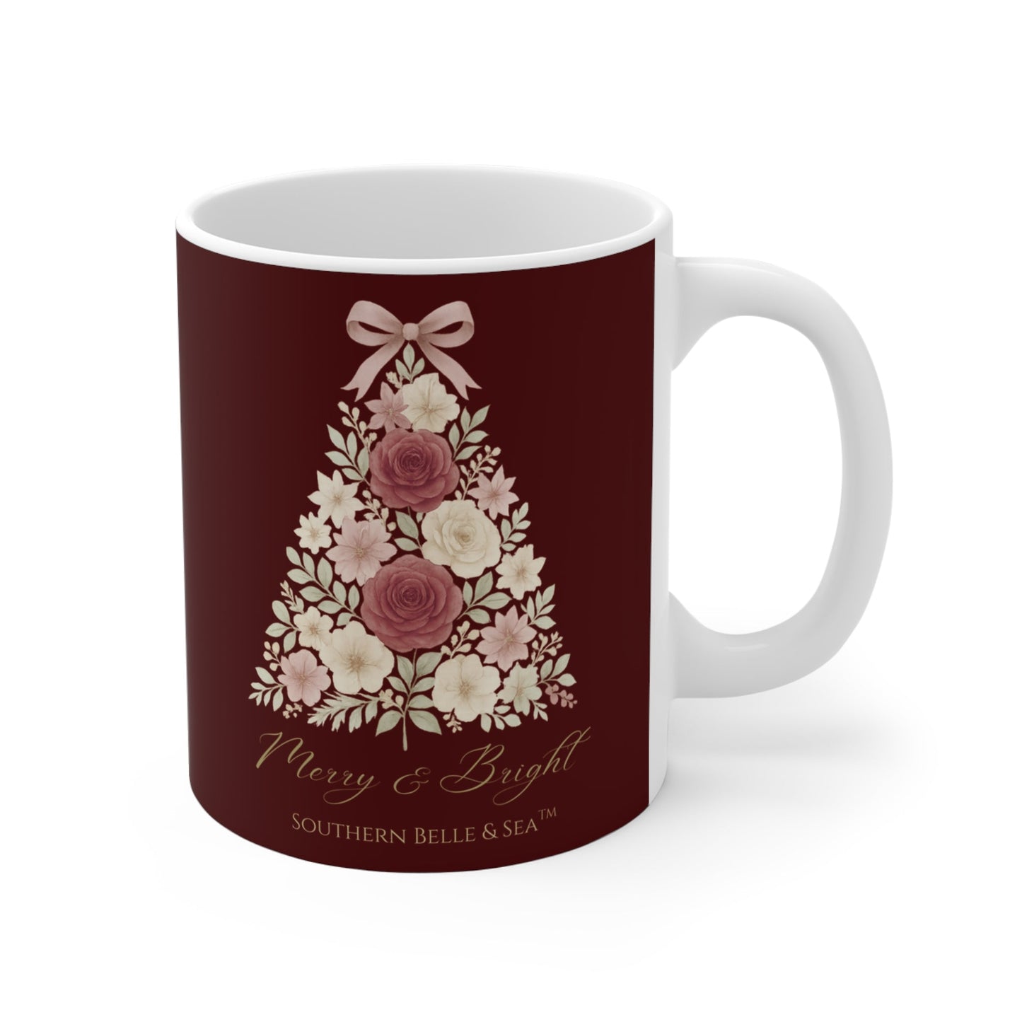 Merry & Bright — Burgundy Christmas Tree Ceramic Mug (11oz) | Southern Belle & Sea™ - Southern Belle & Sea
