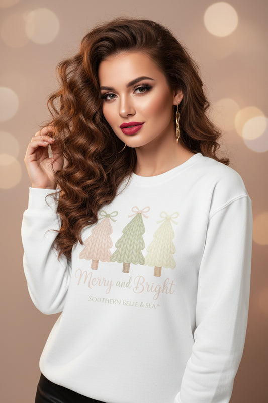 Merry & Bright Knitted Christmas Tree Sweatshirt – Cozy Holiday Knit Trees | Southern Belle & Sea™ - Southern Belle & Sea