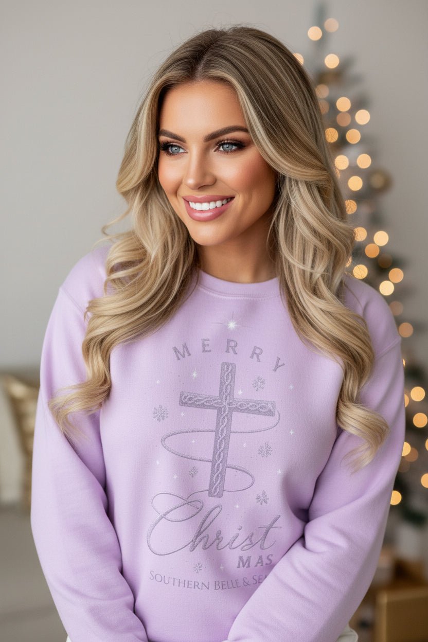 Merry Christ - mas Cross Floral Sweatshirt — Christmas in Bloom | Southern Belle & Sea™ - Southern Belle & Sea