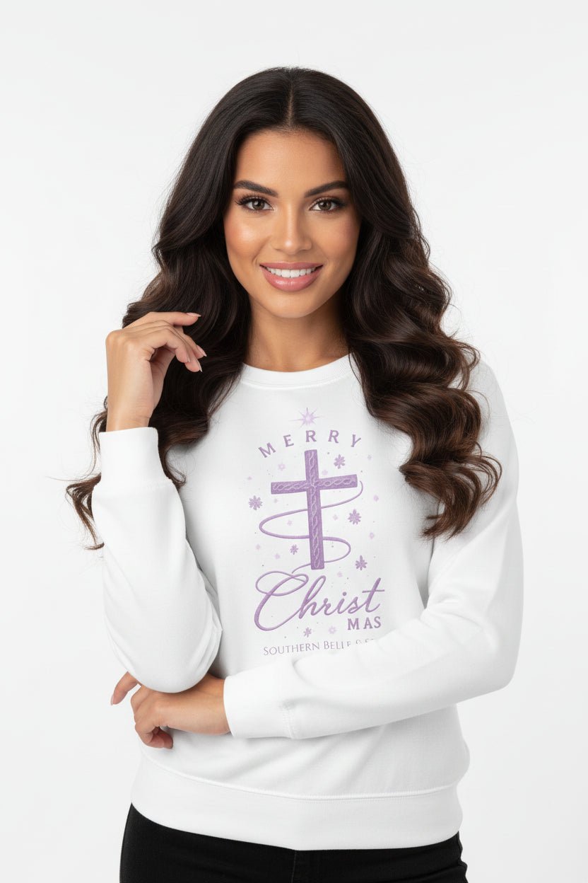 Merry Christ - mas Cross Floral Sweatshirt — Christmas in Bloom | Southern Belle & Sea™ - Southern Belle & Sea