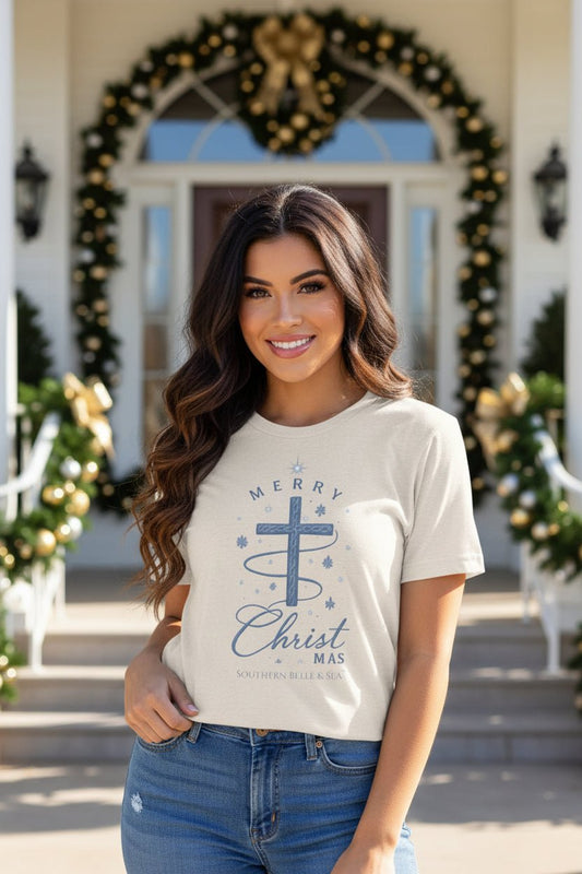 Merry Christ - mas Cross Tee (Blue Cross) | Southern Belle & Sea™ - Southern Belle & Sea