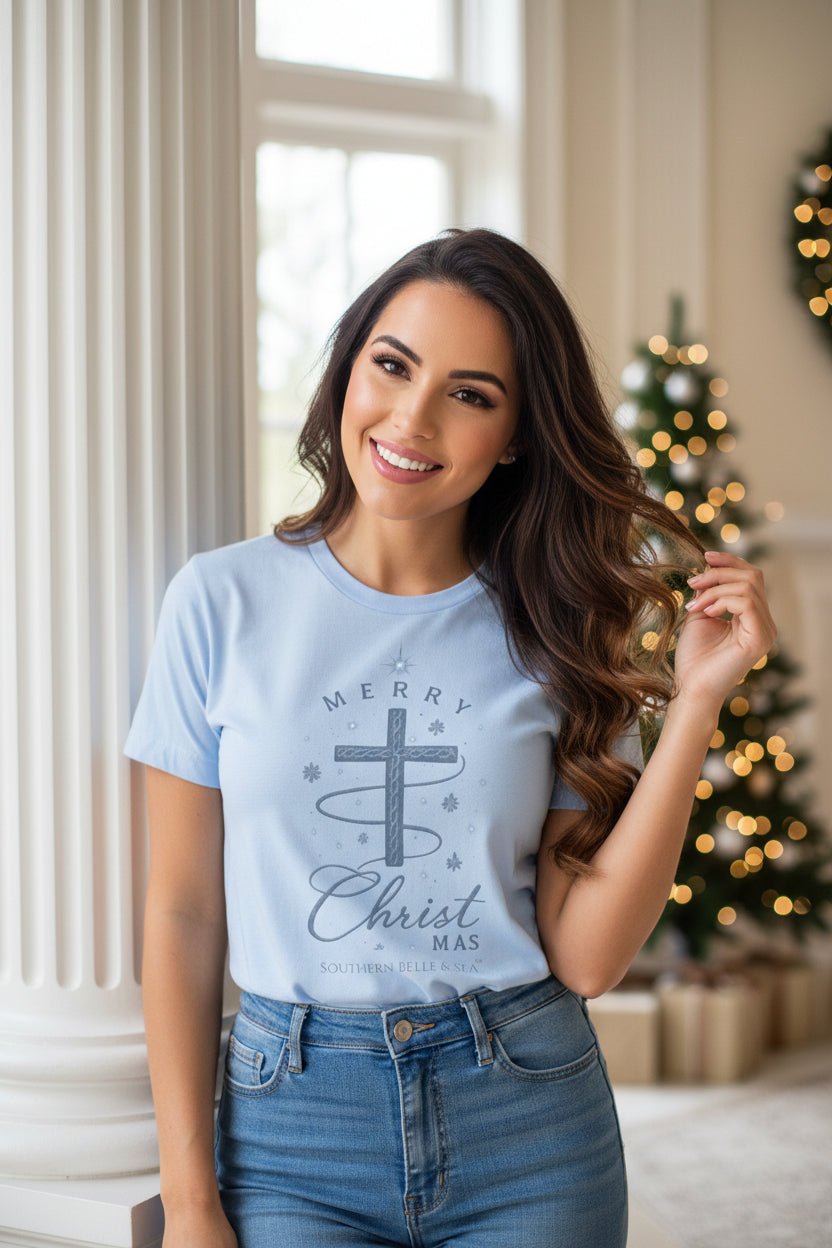 Merry Christ - mas Cross Tee (Blue Cross) | Southern Belle & Sea™ - Southern Belle & Sea