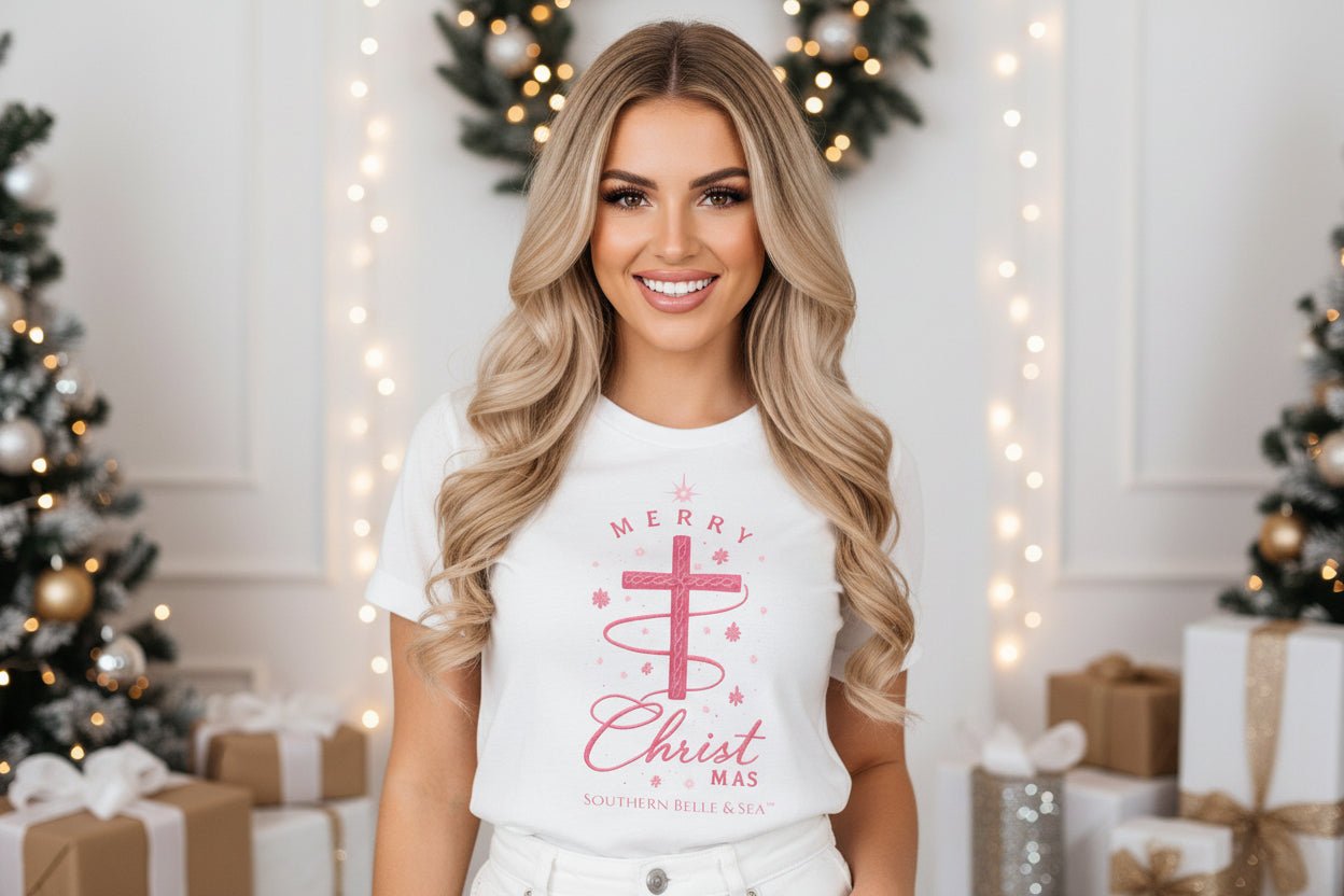 Merry Christ - mas Cross Tee (Pink Cross) — Merry Christ - mas™ Collection | Southern Belle & Sea™ - Southern Belle & Sea