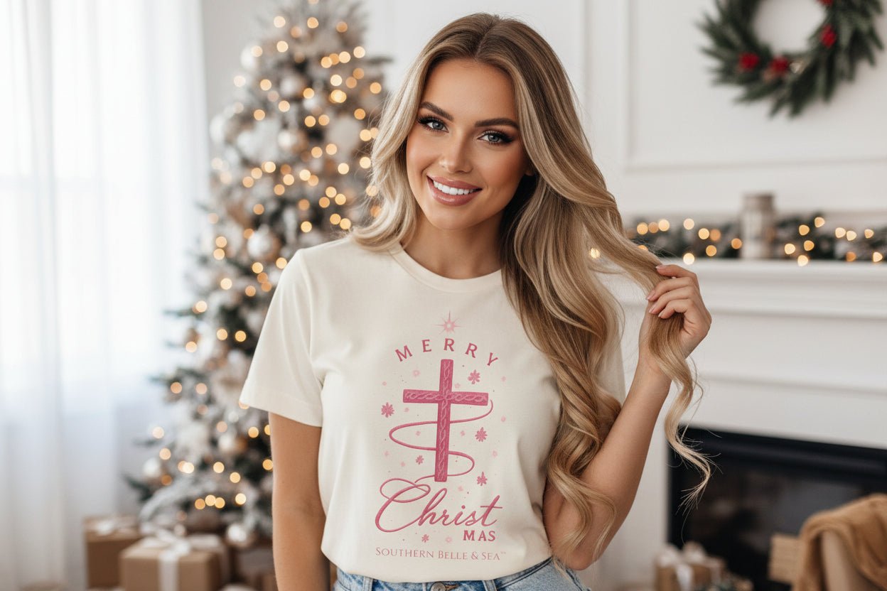Merry Christ - mas Cross Tee (Pink Cross) — Merry Christ - mas™ Collection | Southern Belle & Sea™ - Southern Belle & Sea