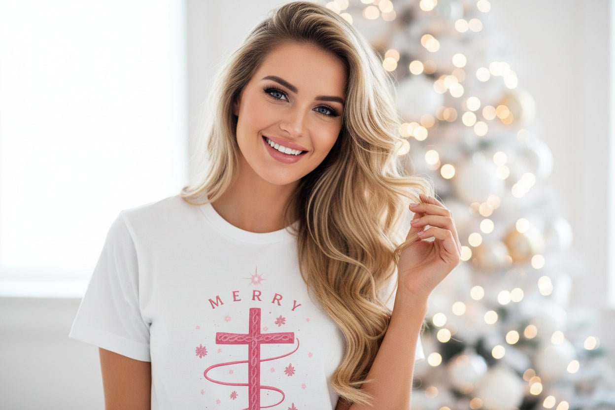 Merry Christ - mas Cross Tee (Pink Cross) — Merry Christ - mas™ Collection | Southern Belle & Sea™ - Southern Belle & Sea