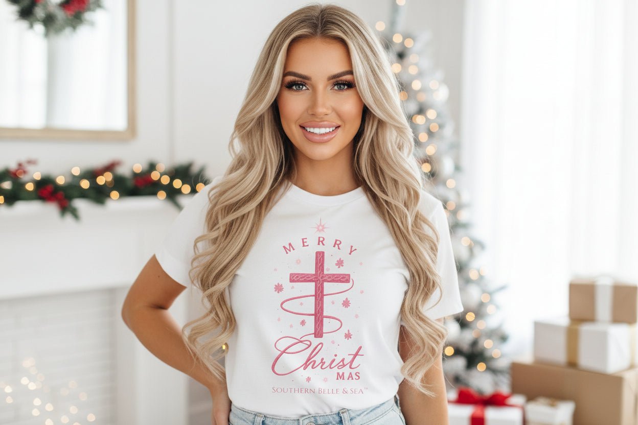 Merry Christ - mas Cross Tee (Pink Cross) — Merry Christ - mas™ Collection | Southern Belle & Sea™ - Southern Belle & Sea