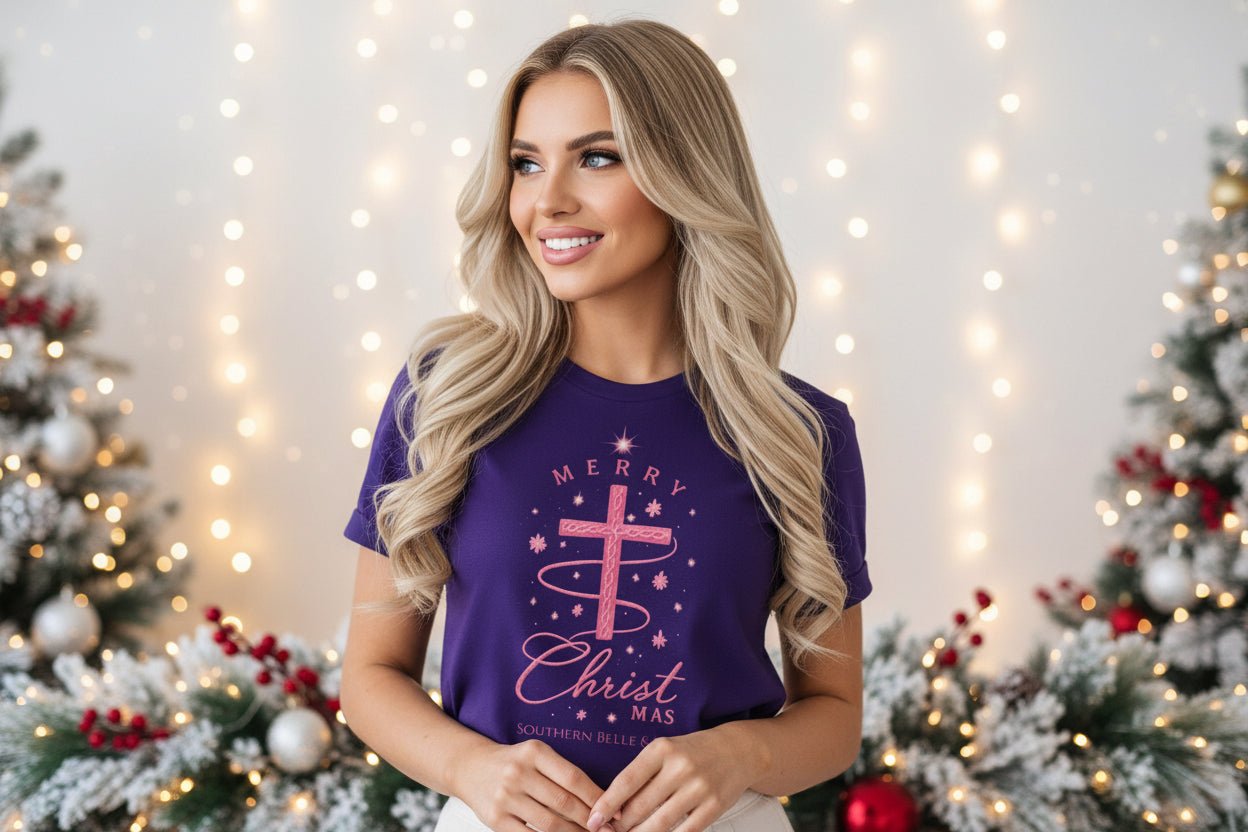 Merry Christ - mas Cross Tee (Pink Cross) — Merry Christ - mas™ Collection | Southern Belle & Sea™ - Southern Belle & Sea