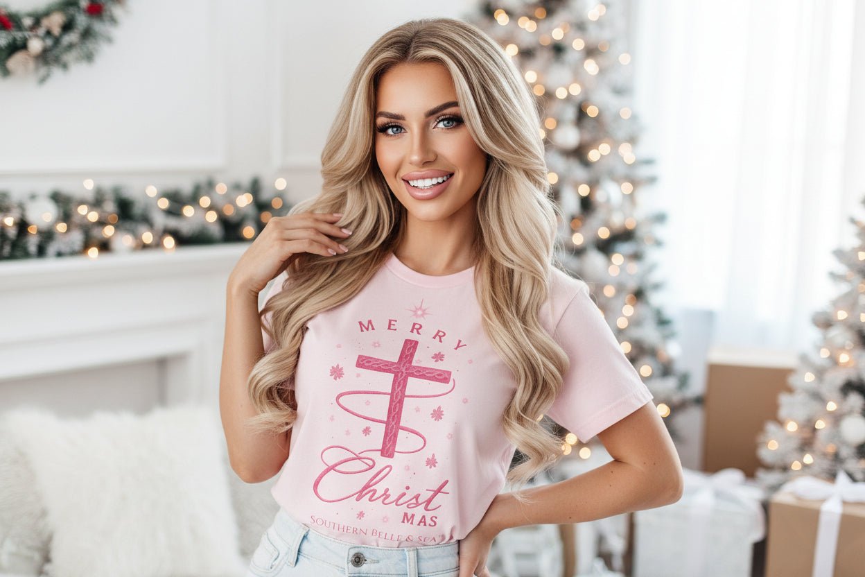 Merry Christ - mas Cross Tee (Pink Cross) — Merry Christ - mas™ Collection | Southern Belle & Sea™ - Southern Belle & Sea