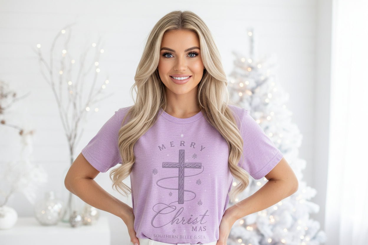Merry Christ - mas Cross Tee (Purple Cross) — Merry Christ - mas Collection | Southern Belle & Sea™ - Southern Belle & Sea