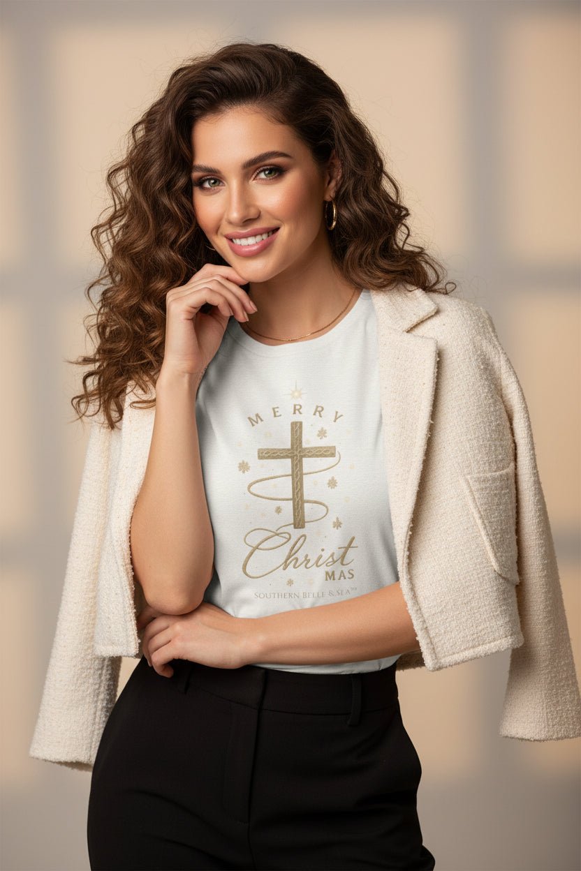 Merry Christmas Cross Floral Sweatshirt — Christmas in Bloom Collection | Southern Belle & Sea™ - Southern Belle & Sea