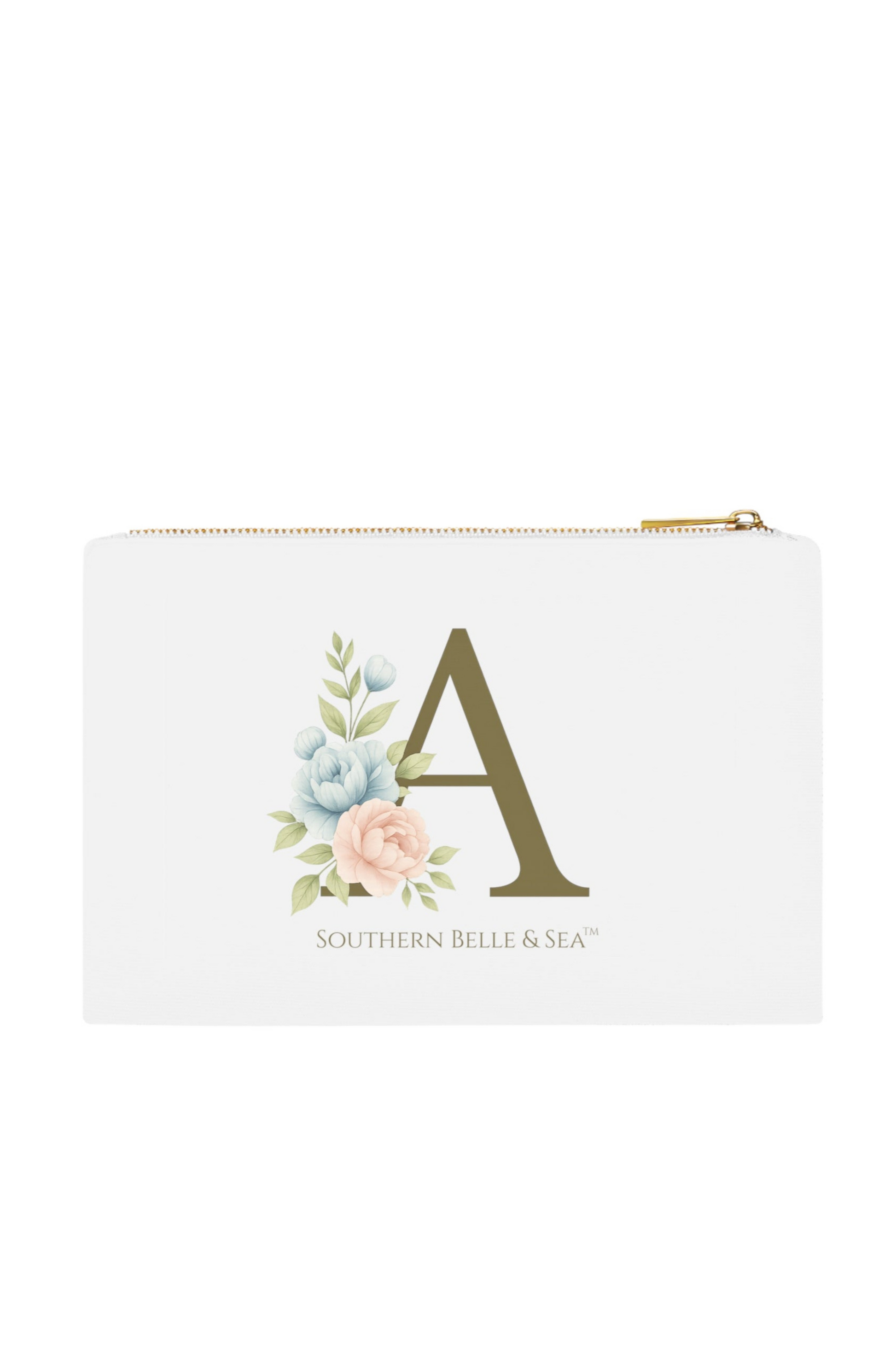 Monogram “A” Cosmetic Bag by Southern Belle & Sea™, 100% cotton with gold zipper and floral initial design