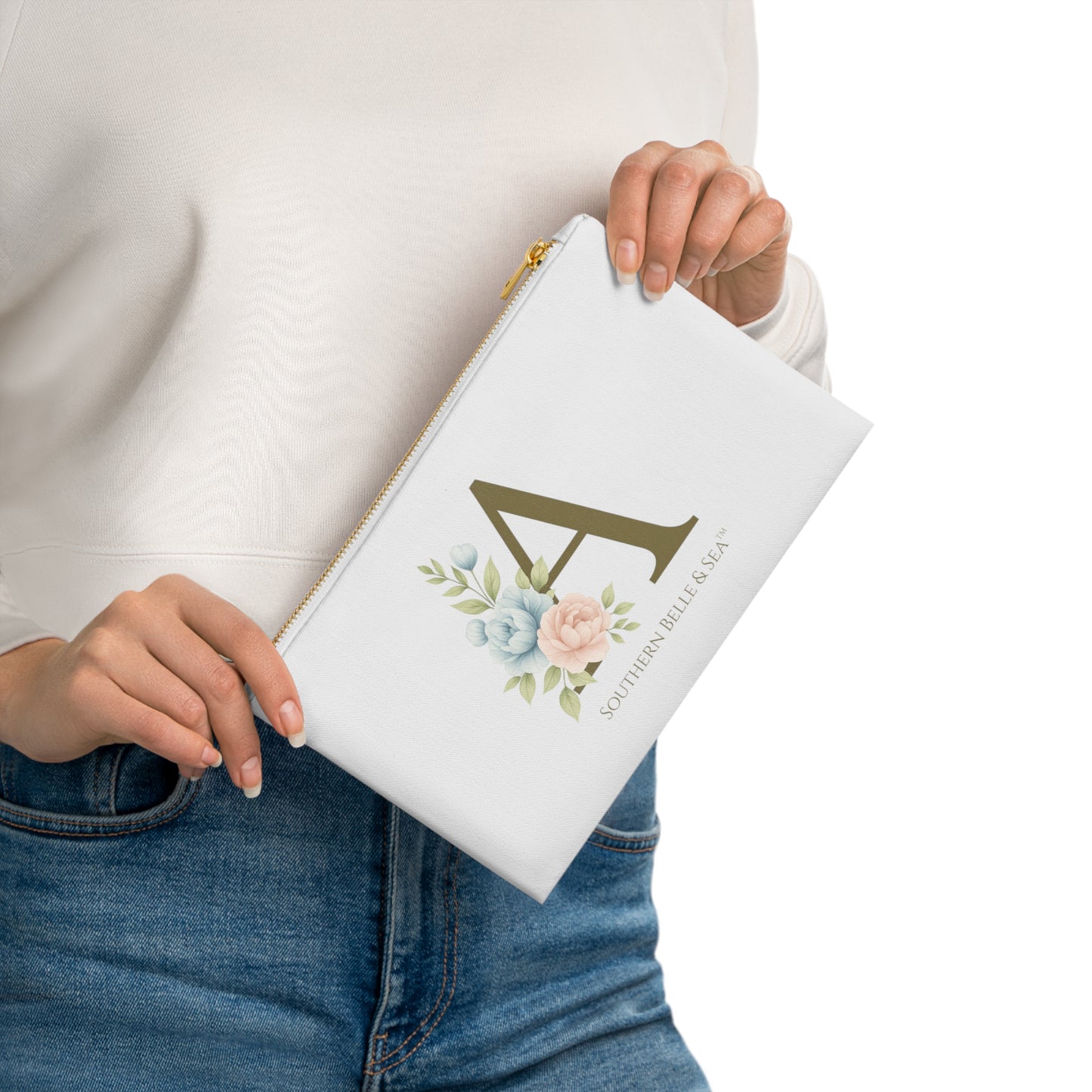 Monogram “A” Cosmetic Bag styled with roses and jewelry, Southern Belle & Sea™ lifestyle flat lay