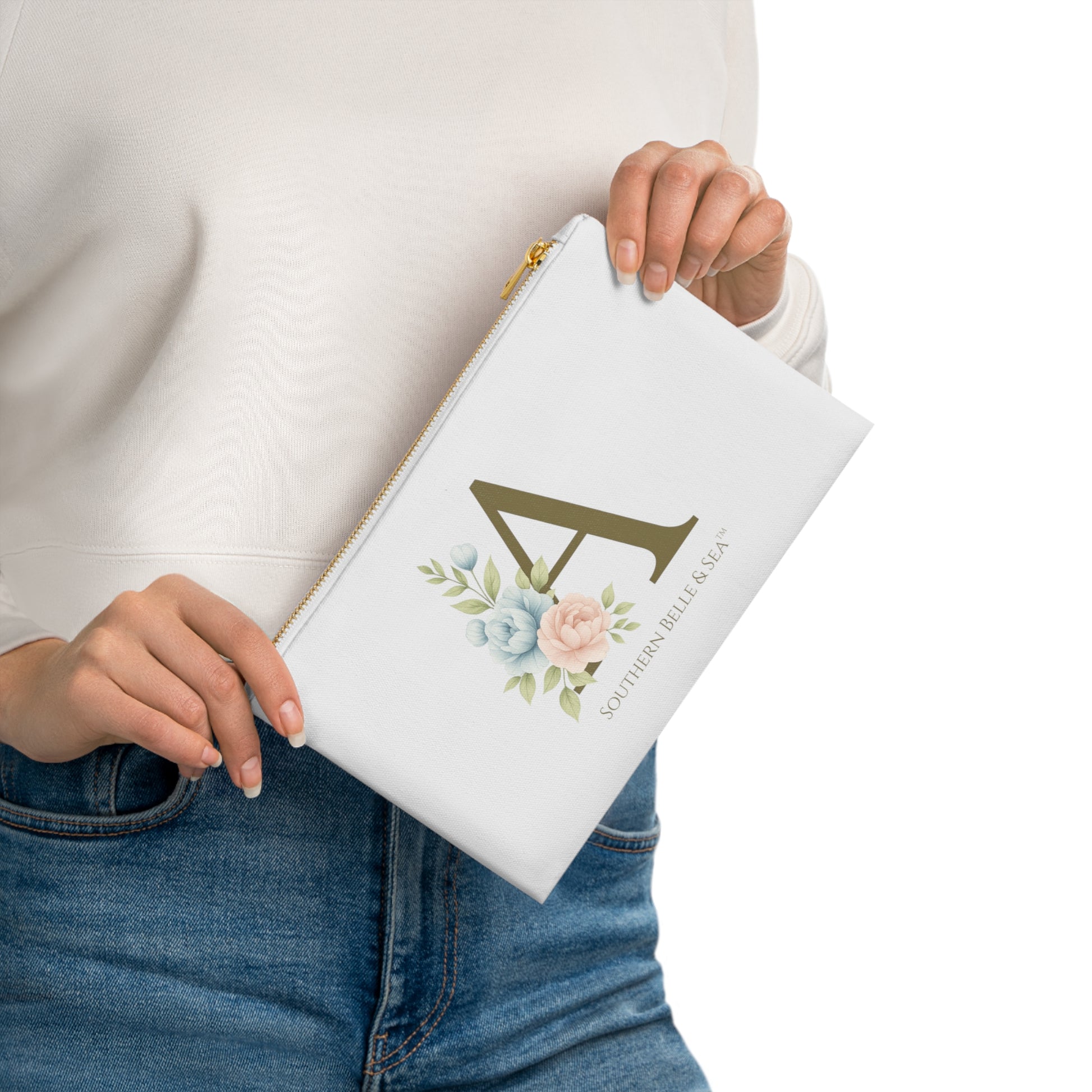Monogram “A” Cosmetic Bag styled with roses and jewelry, Southern Belle & Sea™ lifestyle flat lay