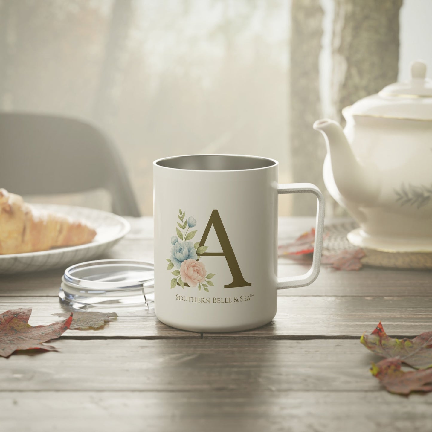 Monogram “A” Floral Insulated Coffee Mug (10oz) — Monogram Series | Southern Belle & Sea™ - Southern Belle & Sea