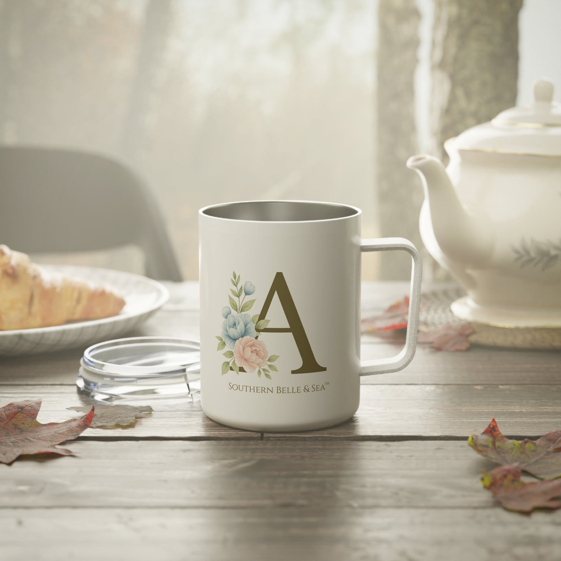 Monogram “A” Floral Insulated Coffee Mug (10oz) — Monogram Series | Southern Belle & Sea™ - Southern Belle & Sea