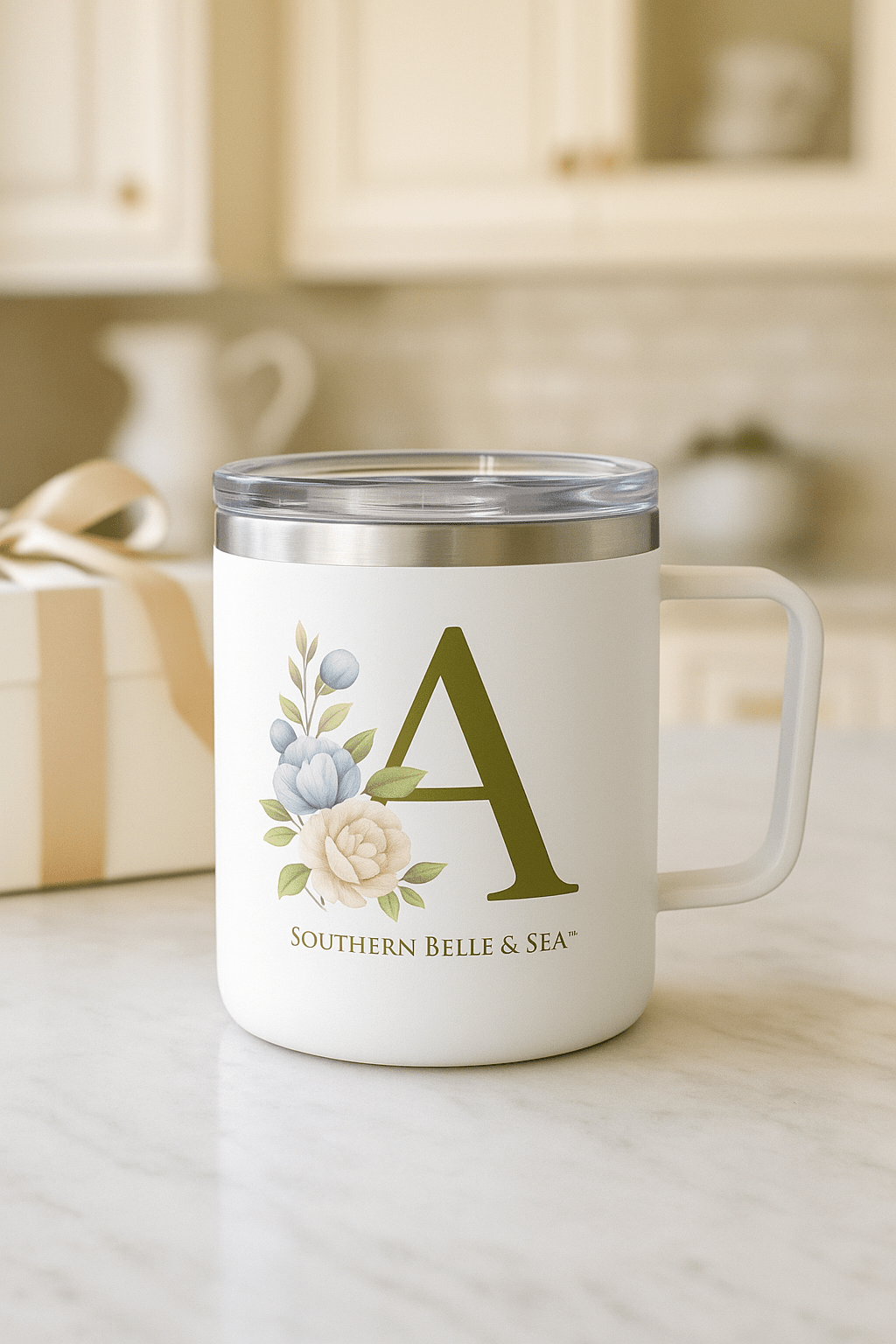 Monogram “A” Floral Insulated Coffee Mug (10oz) — Monogram Series | Southern Belle & Sea™ - Southern Belle & Sea