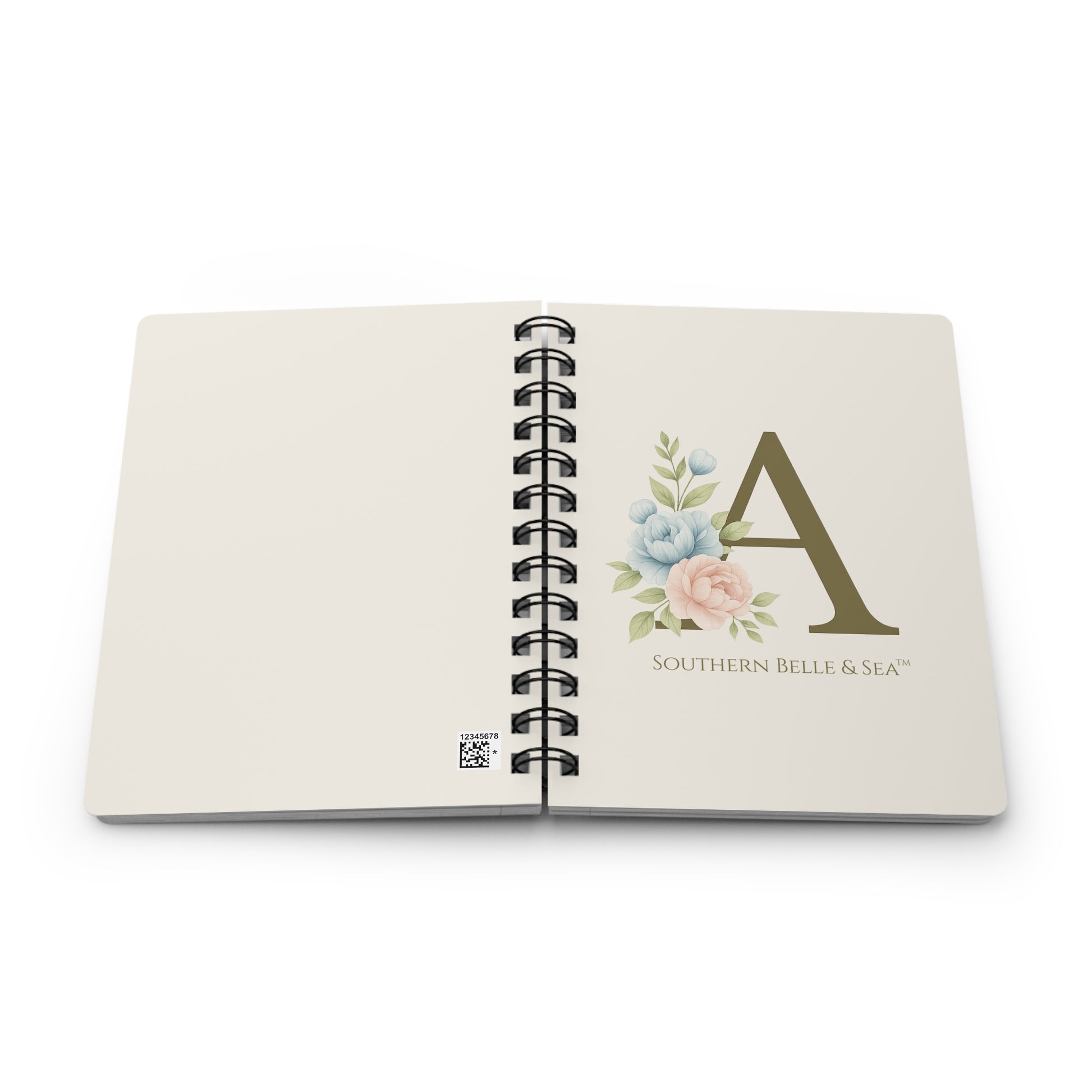 Close-up of Monogram “A” Spiral Notebook spiral binding, glossy laminated floral cover, Southern Belle & Sea™