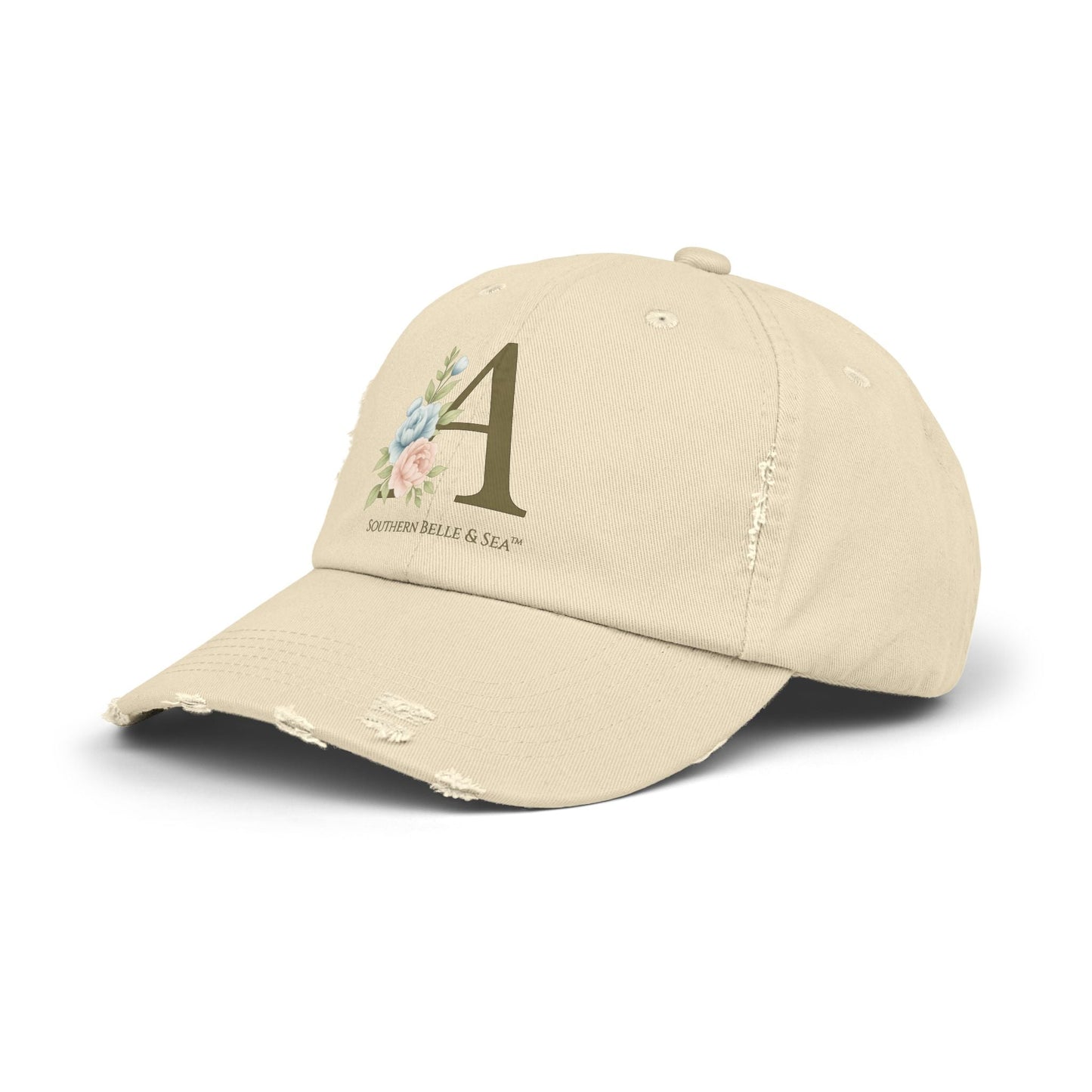 Monogram Distressed Cotton Cap — Letter A Floral | Southern Belle & Sea™ - Southern Belle & Sea