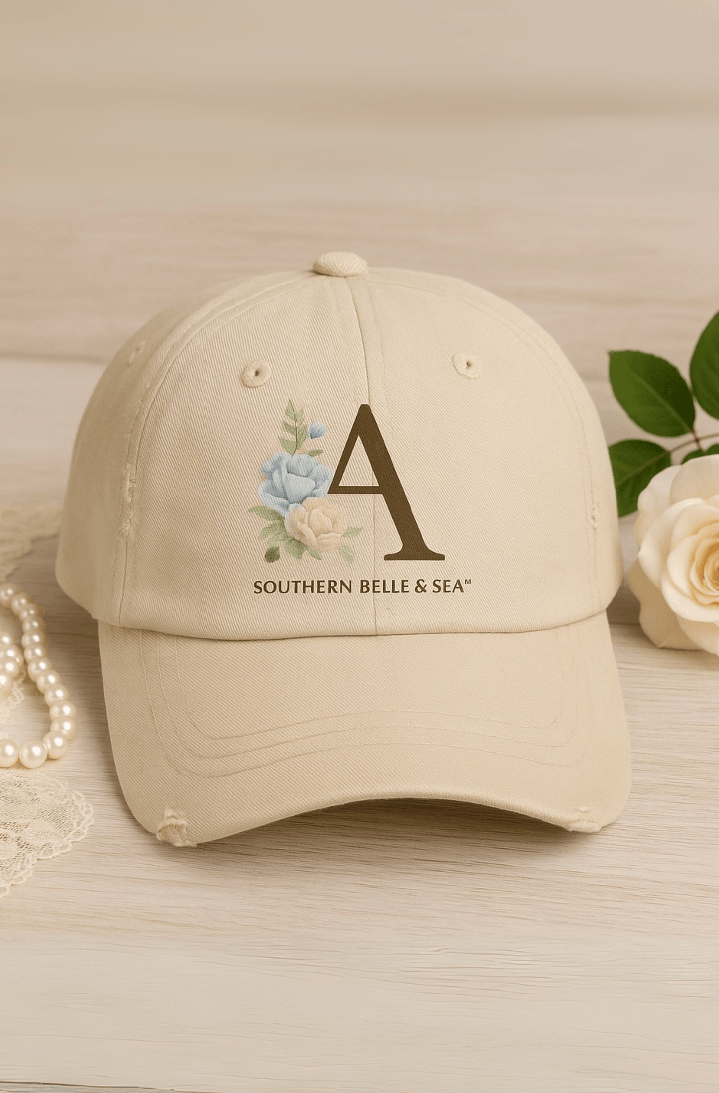 Monogram Distressed Cotton Cap — Letter A Floral | Southern Belle & Sea™ - Southern Belle & Sea