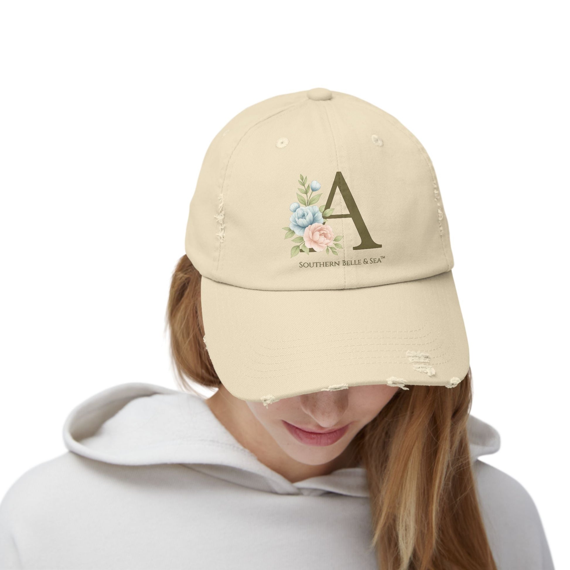 Monogram Distressed Cotton Cap — Letter A Floral | Southern Belle & Sea™ - Southern Belle & Sea