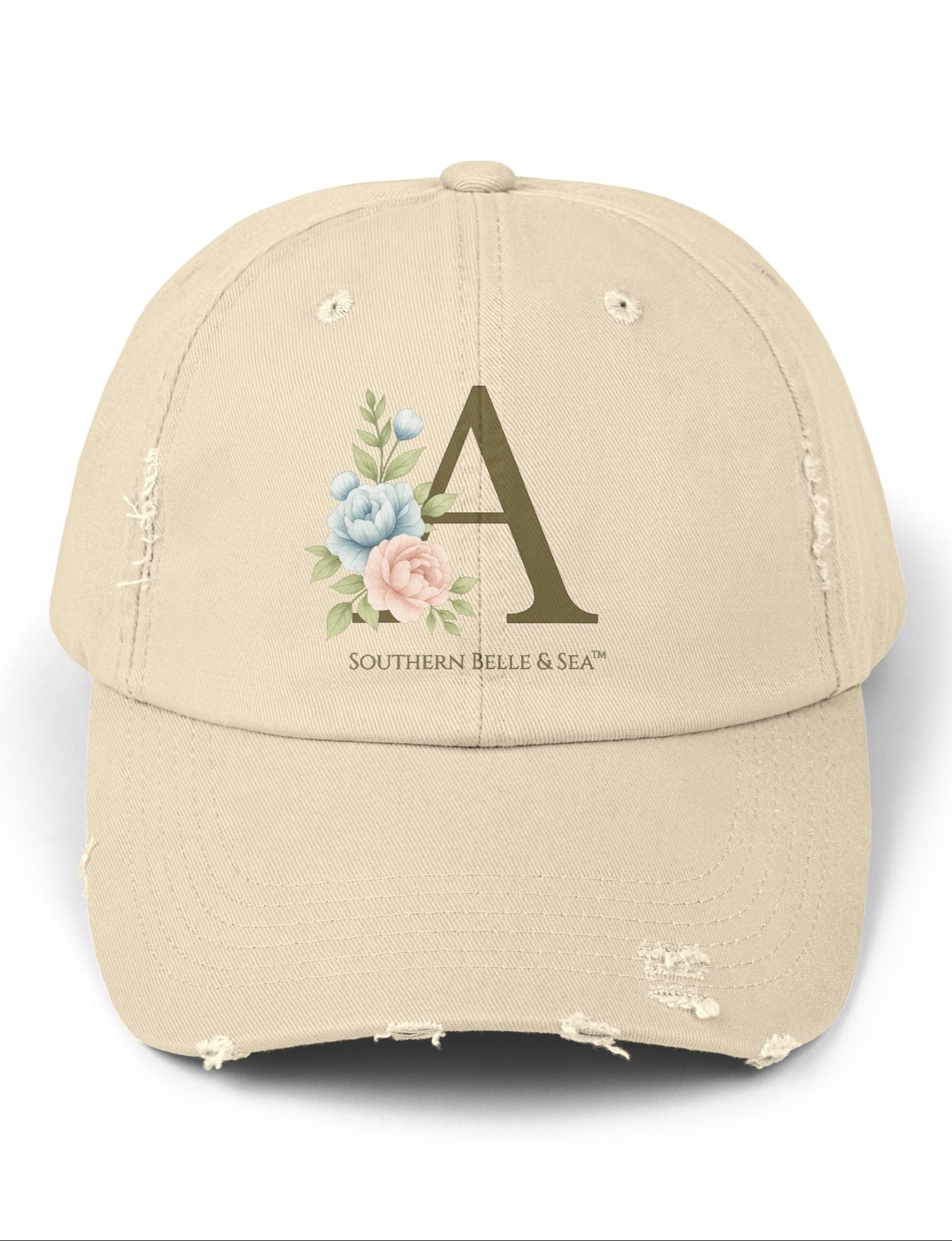 Monogram Distressed Cotton Cap — Letter A Floral | Southern Belle & Sea™ - Southern Belle & Sea