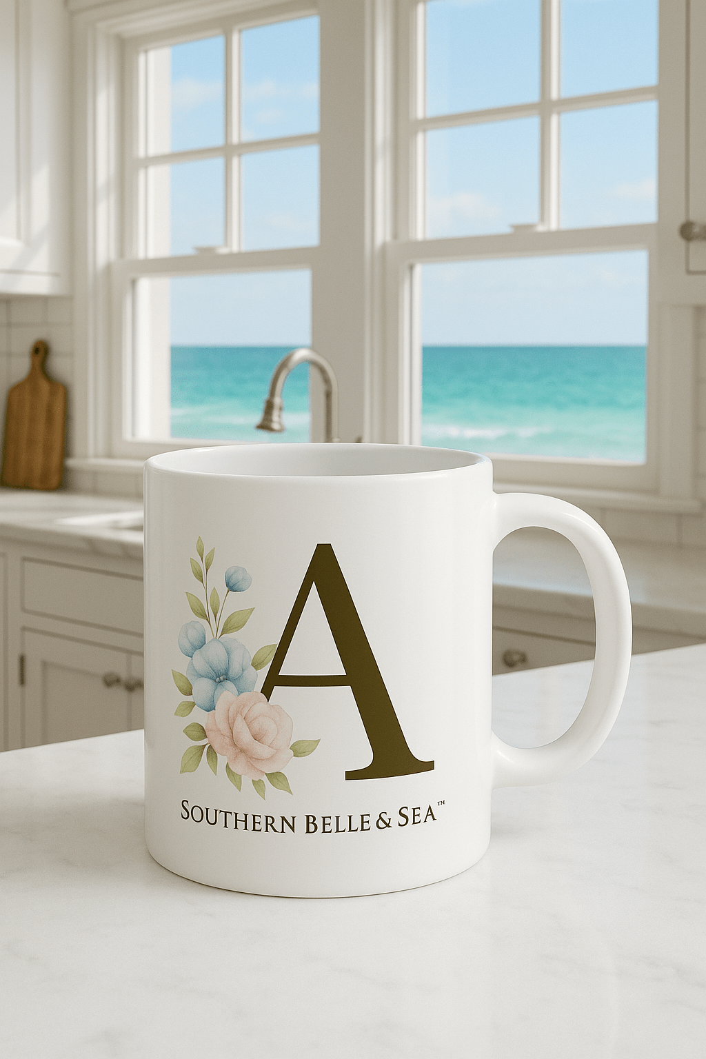 Monogram Floral Ceramic Mug — Letter A (11oz) | Southern Belle & Sea™ - Southern Belle & Sea