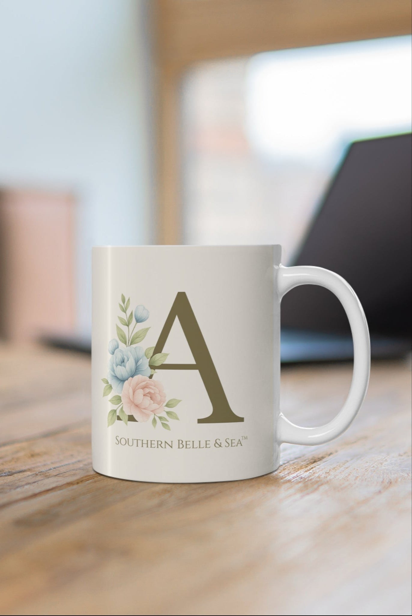 Monogram Floral Ceramic Mug — Letter A (11oz) | Southern Belle & Sea™ - Southern Belle & Sea