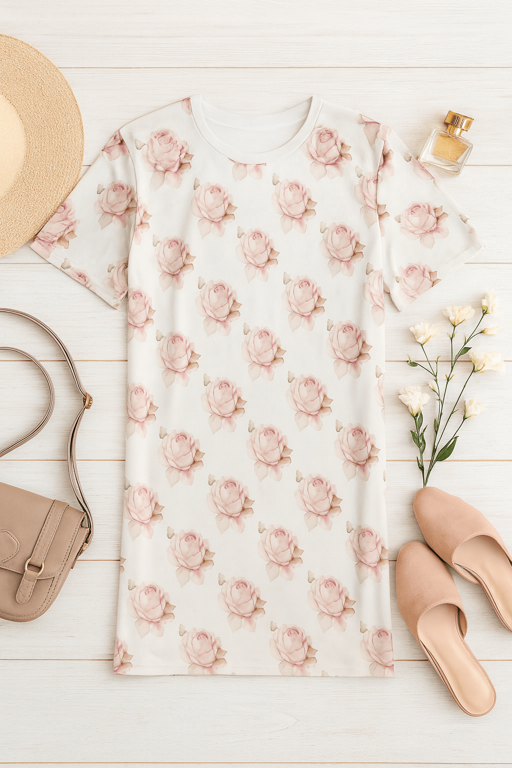 Oversized Floral T-Shirt — White with Brunette Pink Roses | Southern Belle & Sea™ - Southern Belle & Sea