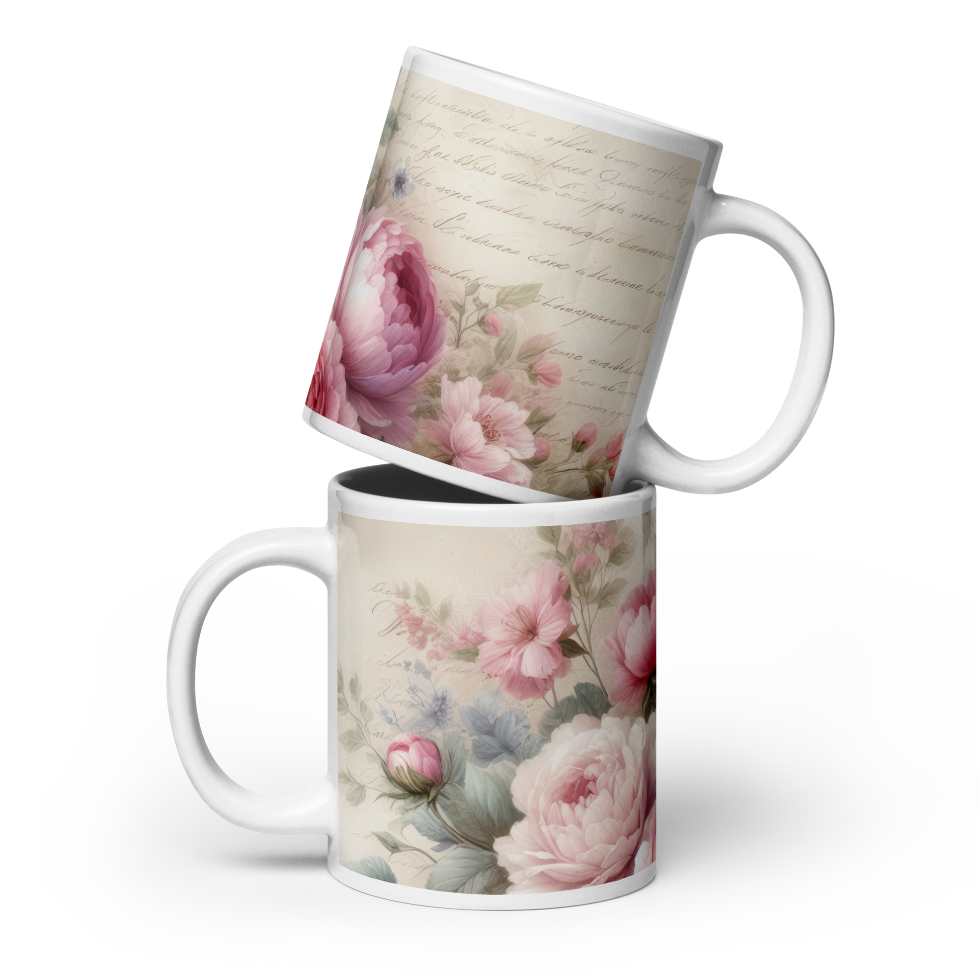 Two romantic floral mugs clinking together, showing wraparound vintage peony design in soft watercolor tones