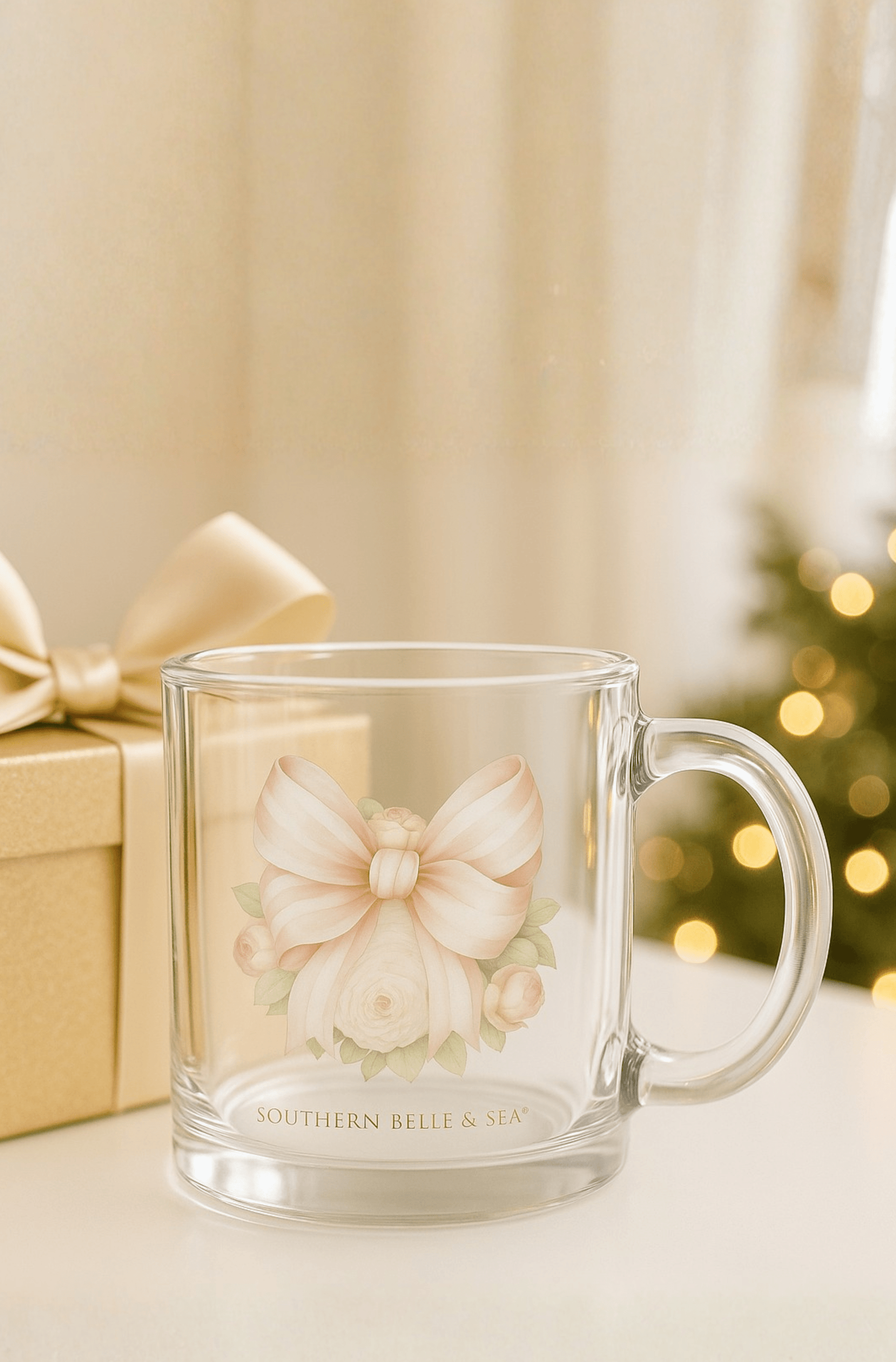 Pink Floral Bow Clear Glass Drinking Mug | Southern Belle & Sea™ - Southern Belle & Sea