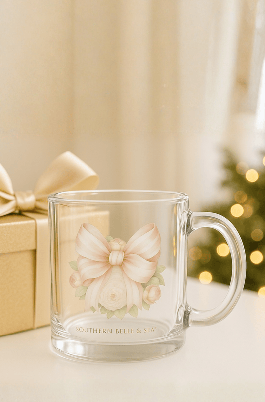 Pink Floral Bow Clear Glass Drinking Mug | Southern Belle & Sea™ - Southern Belle & Sea