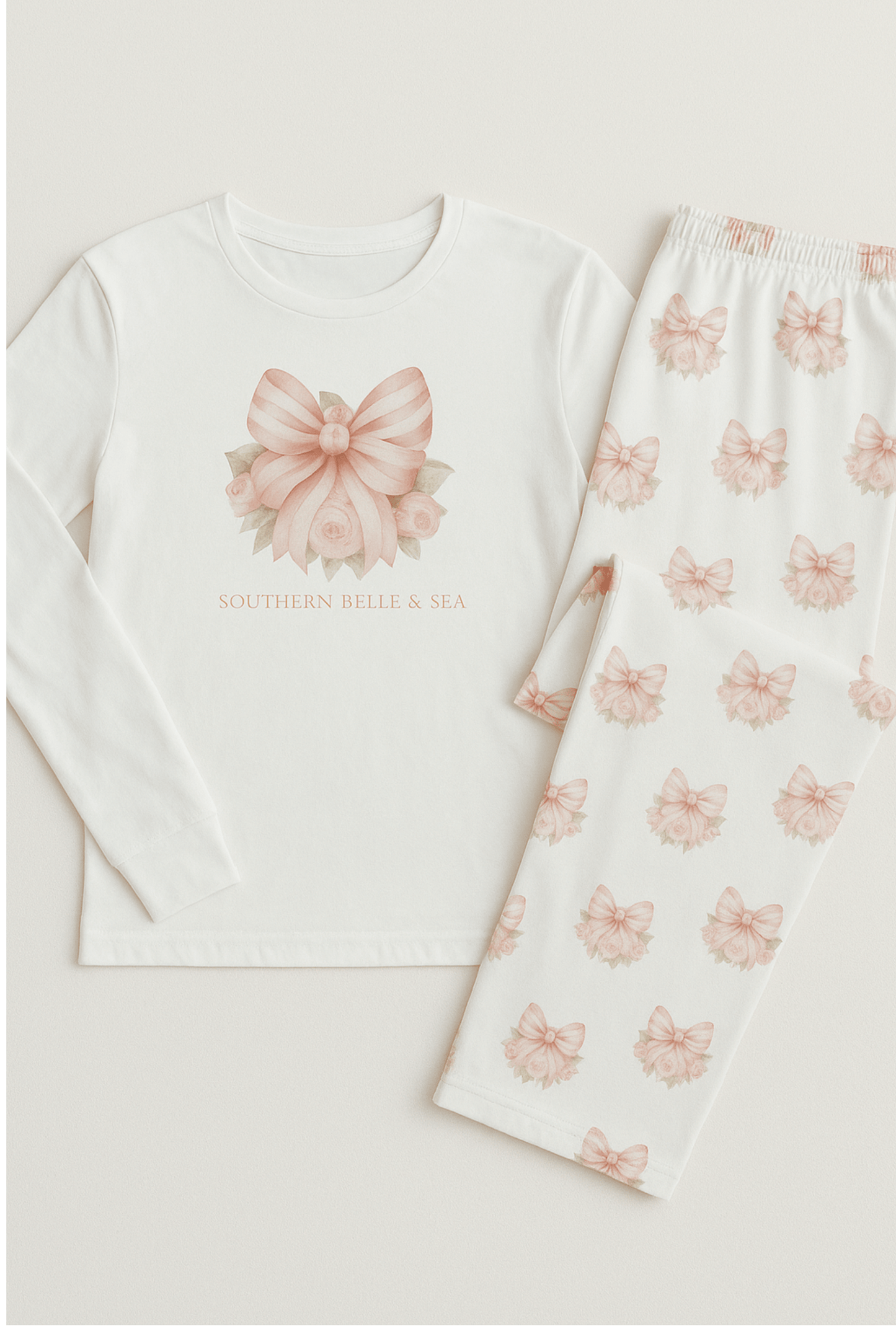 Pink Floral Bow on White Long Sleeve Shirt — Pink Floral Bow Collection | Southern Belle & Sea™ - Southern Belle & Sea