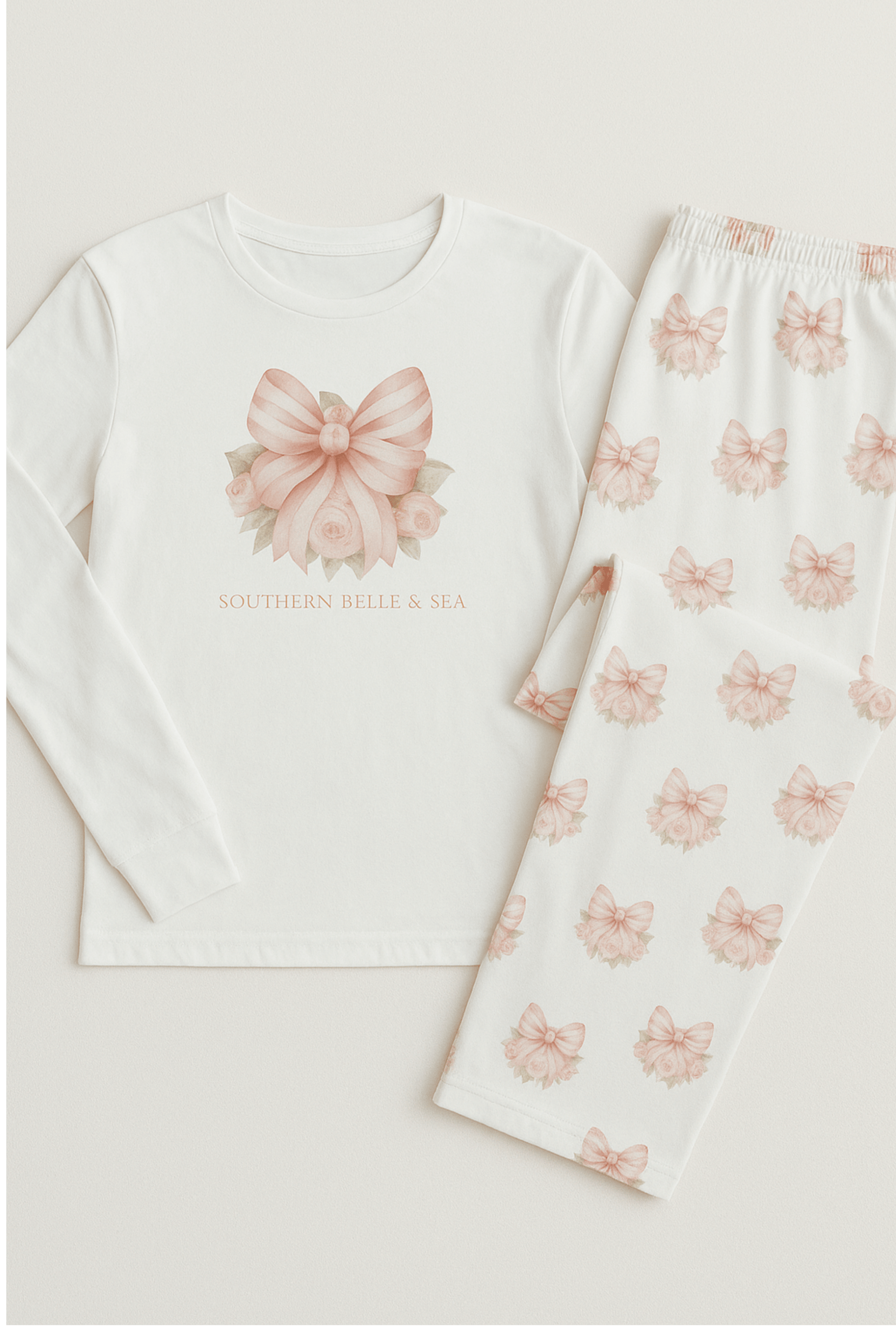 Pink Floral Bow on White Long Sleeve Shirt — Pink Floral Bow Collection | Southern Belle & Sea™ - Southern Belle & Sea