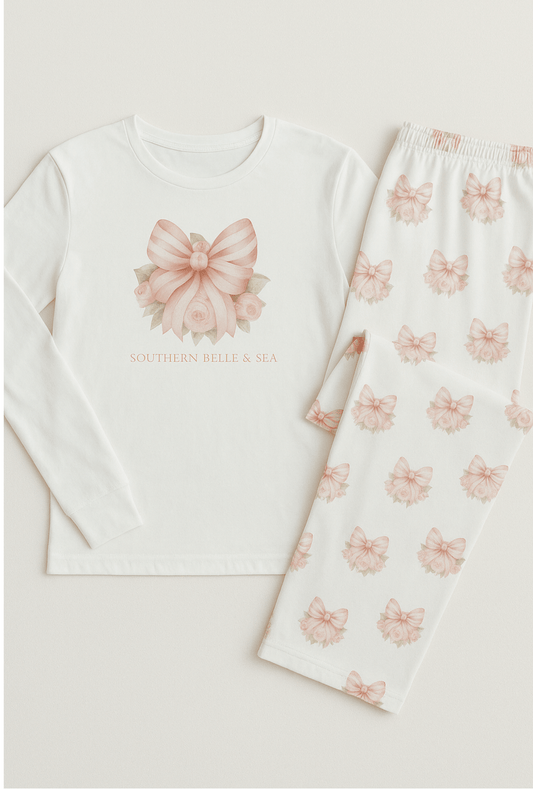 Pink Floral Bow on White Long Sleeve Shirt — Pink Floral Bow Collection | Southern Belle & Sea™ - Southern Belle & Sea