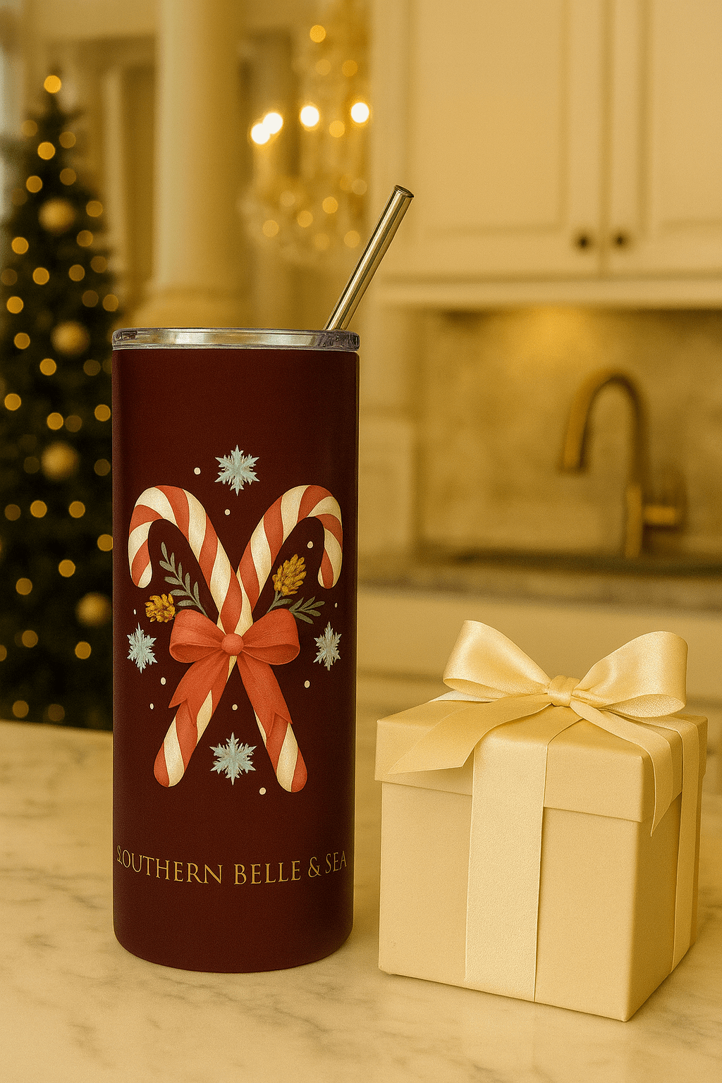 Red Candy Cane with Bow — Holiday Cheer Tumbler | Southern Belle & Sea™ - Southern Belle & Sea