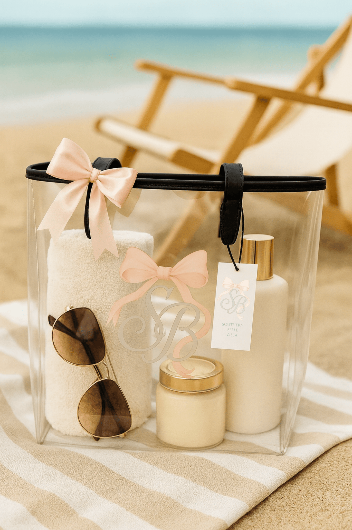 SB Clear Tote Bag — Blush Bow Monogram Series | Southern Belle & Sea™ - Southern Belle & Sea