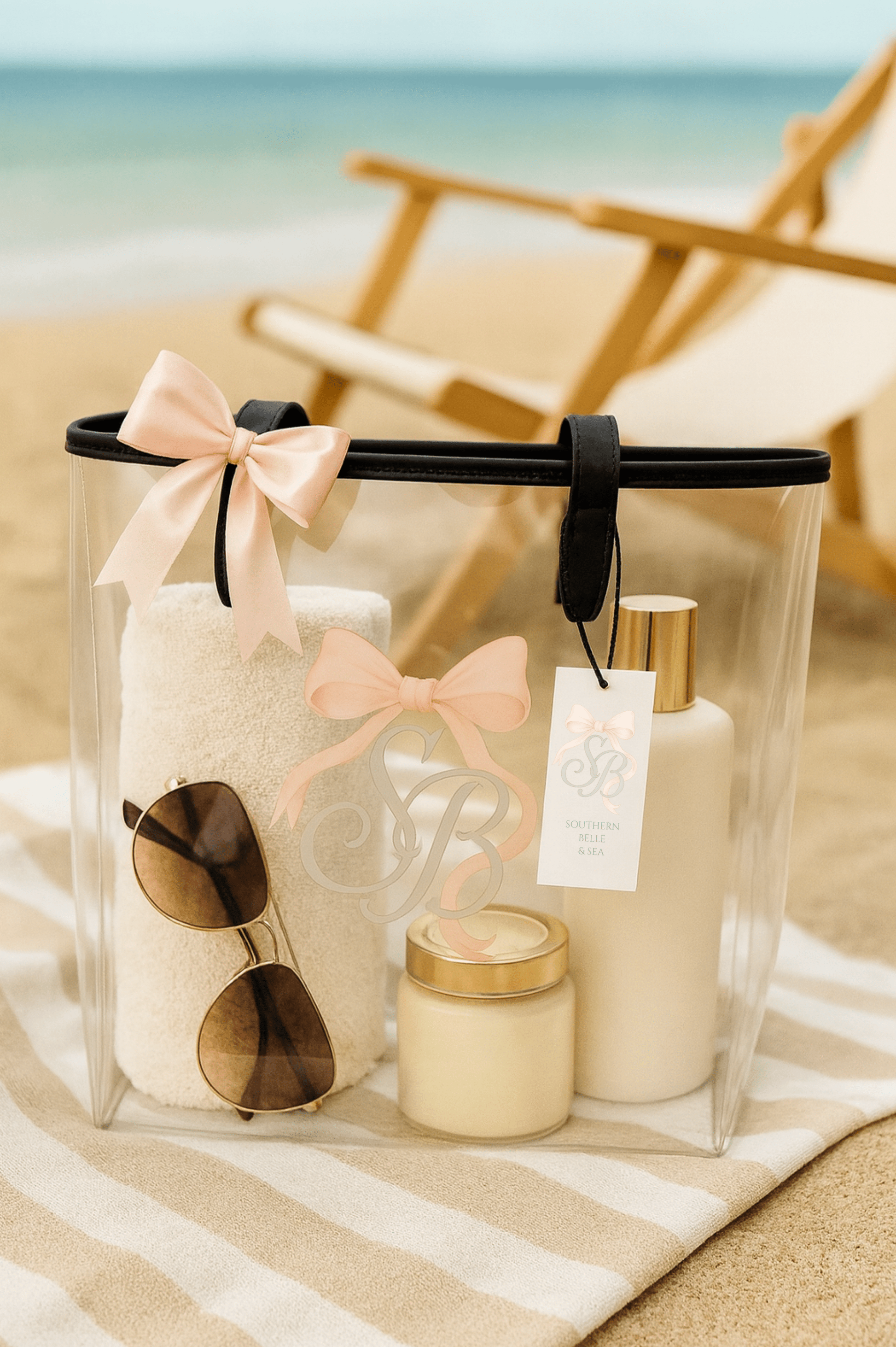 SB Clear Tote Bag — Blush Bow Monogram Series | Southern Belle & Sea™ - Southern Belle & Sea