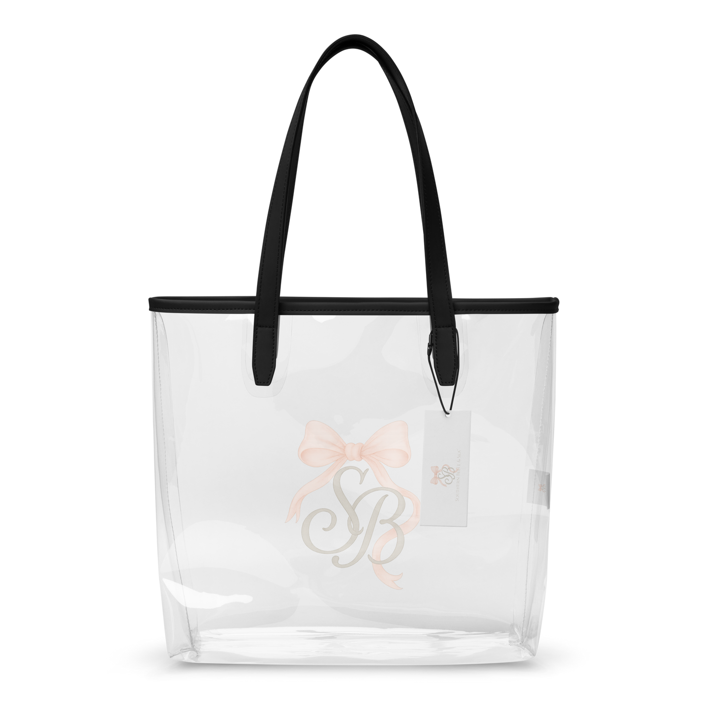 Clear structured beach tote featuring the SB blush pink ribbon logo — a must-have minimalist summer accessory for coastal lovers and Southern chic style enthusiasts.