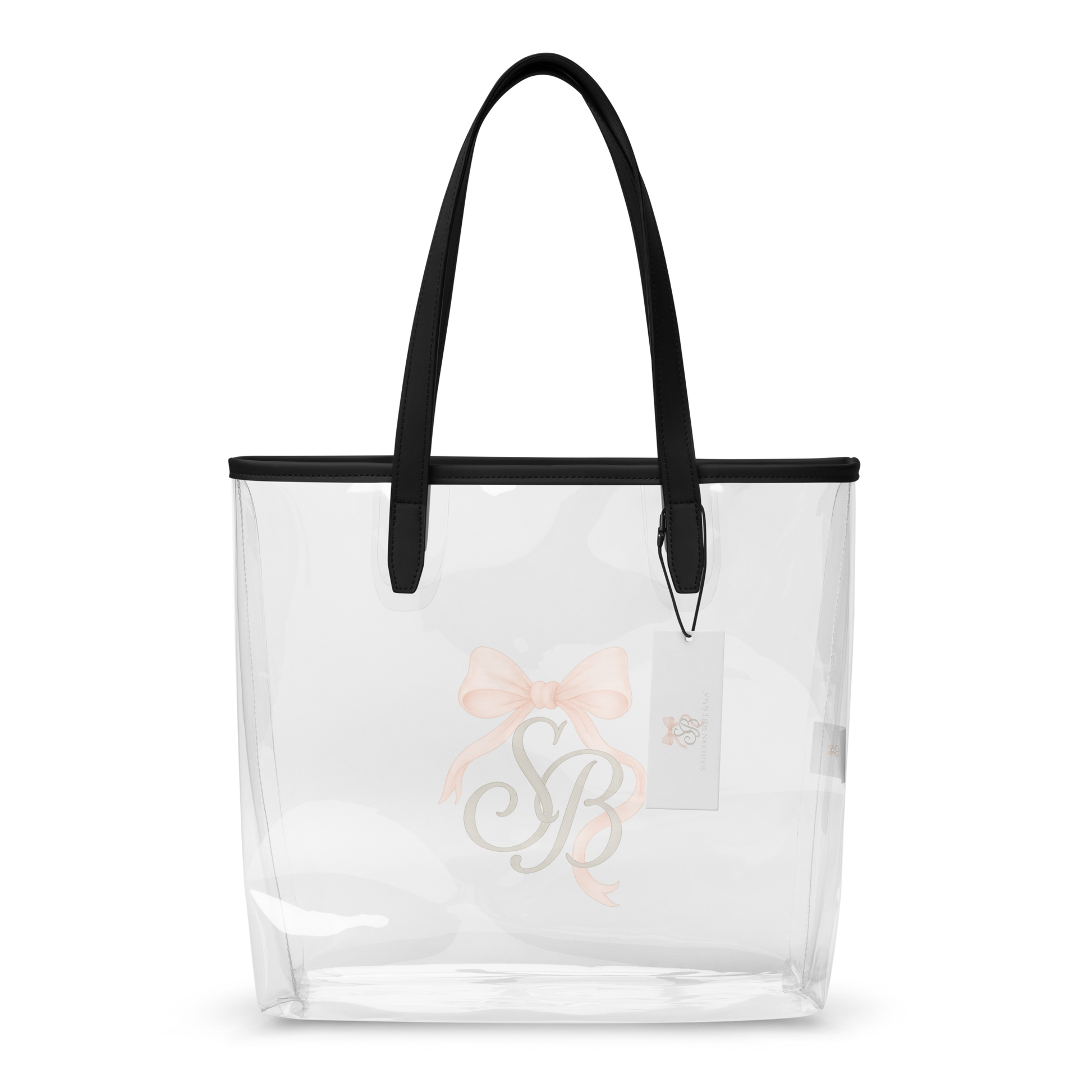 Clear structured beach tote featuring the SB blush pink ribbon logo — a must-have minimalist summer accessory for coastal lovers and Southern chic style enthusiasts.