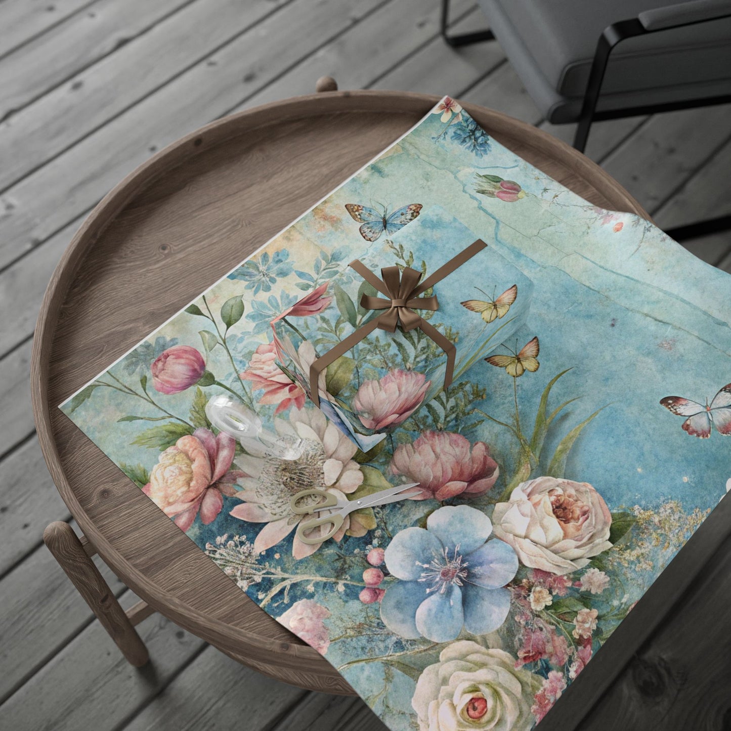 Seafoam Floral wrapping paper styled with matching tote and candle from Southern Belle & Sea™