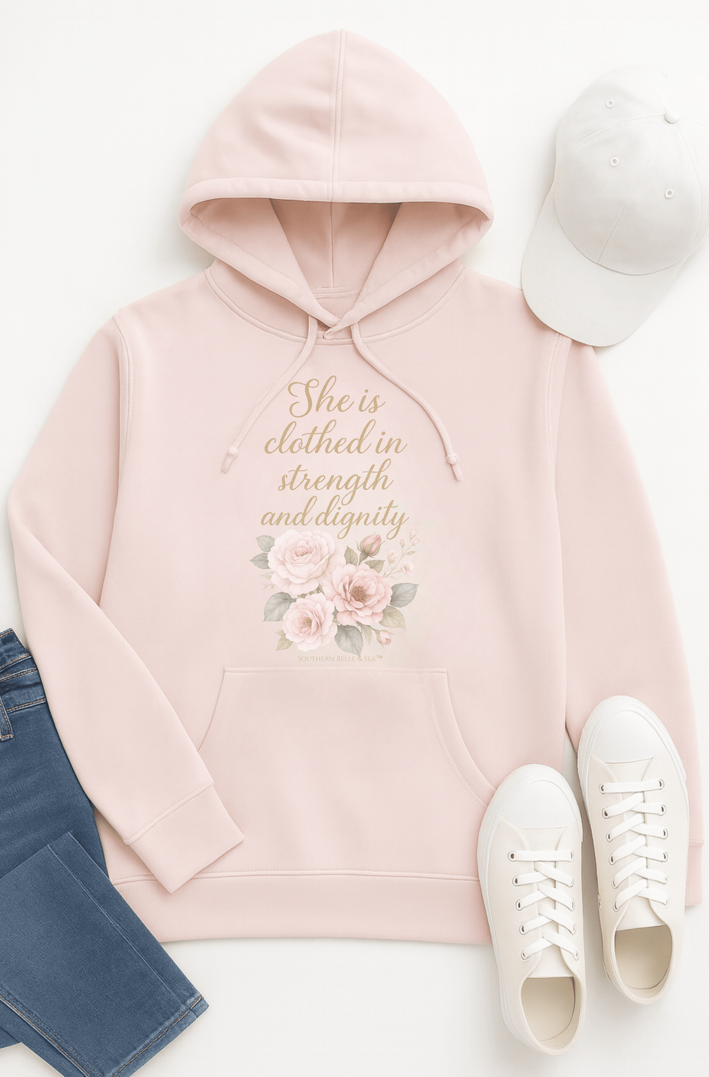 She Is Clothed in Dignity Hoodie — Floral Gold Font | Southern Belle & Sea™ - Southern Belle & Sea