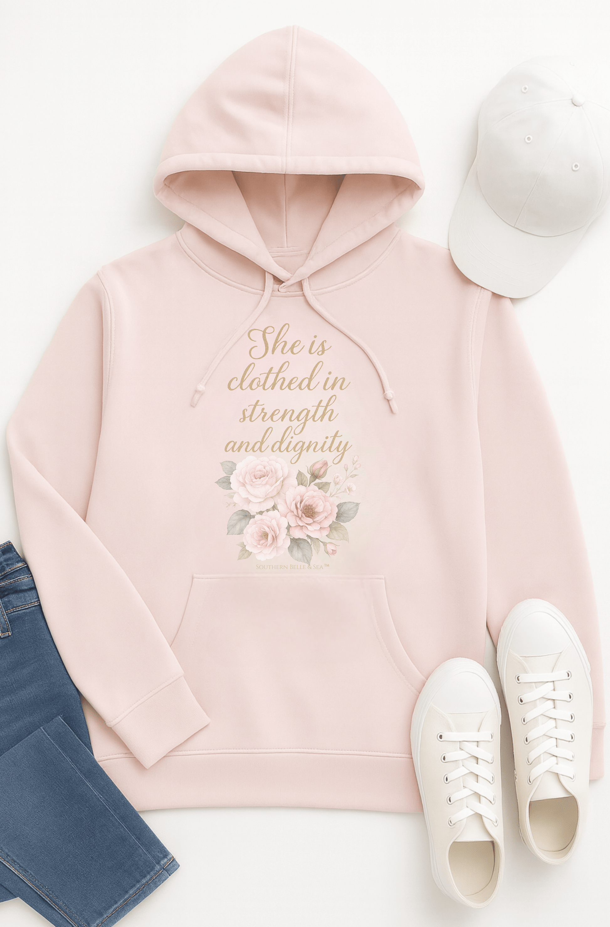 She Is Clothed in Dignity Hoodie — Floral Gold Font | Southern Belle & Sea™ - Southern Belle & Sea