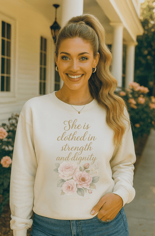 She Is Clothed in Dignity Sweatshirt — Floral Gold Font | Southern Belle & Sea™ - Southern Belle & Sea