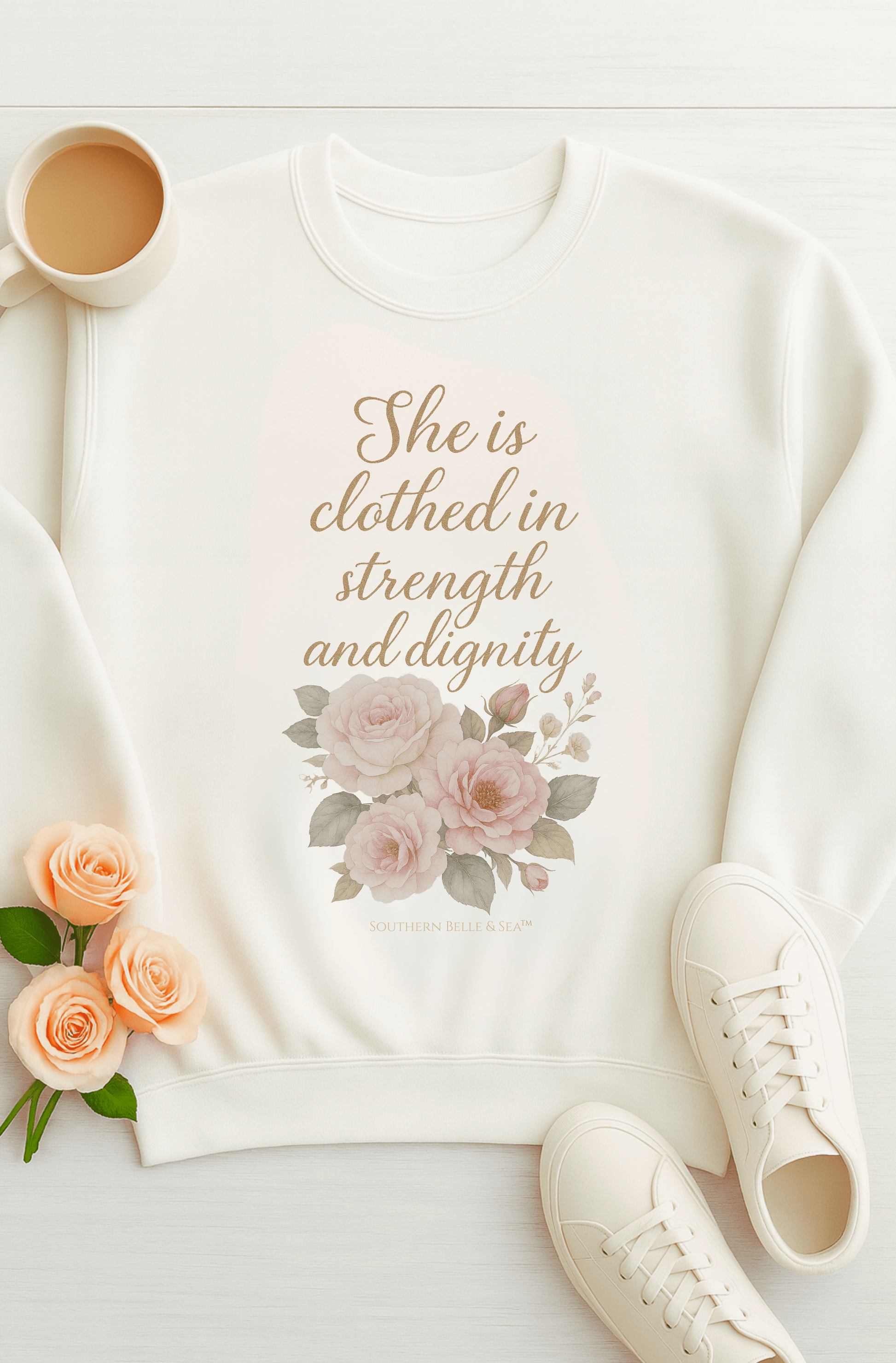 She Is Clothed in Dignity Sweatshirt — Floral Gold Font | Southern Belle & Sea™ - Southern Belle & Sea