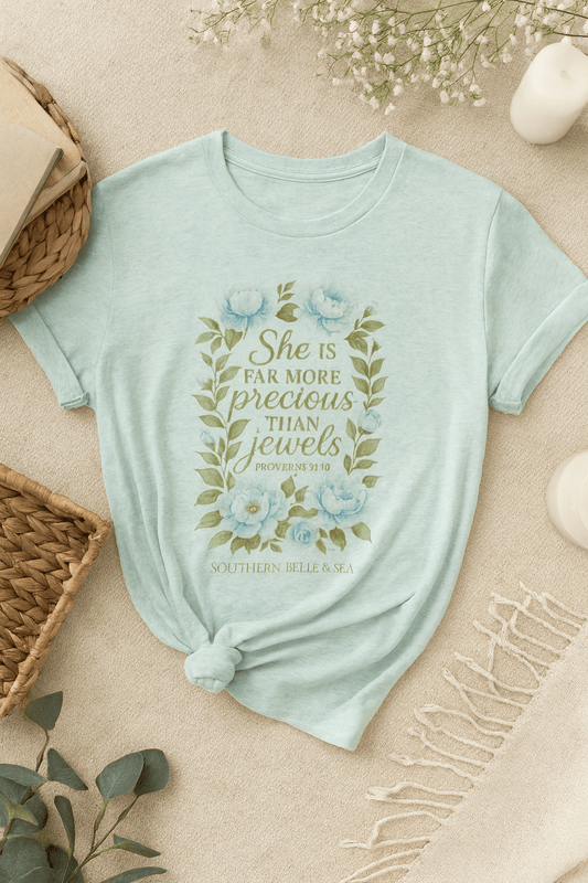 She Is More Precious… Christian Tee (White & Ice Blue) | Southern Belle & Sea™ - Southern Belle & Sea