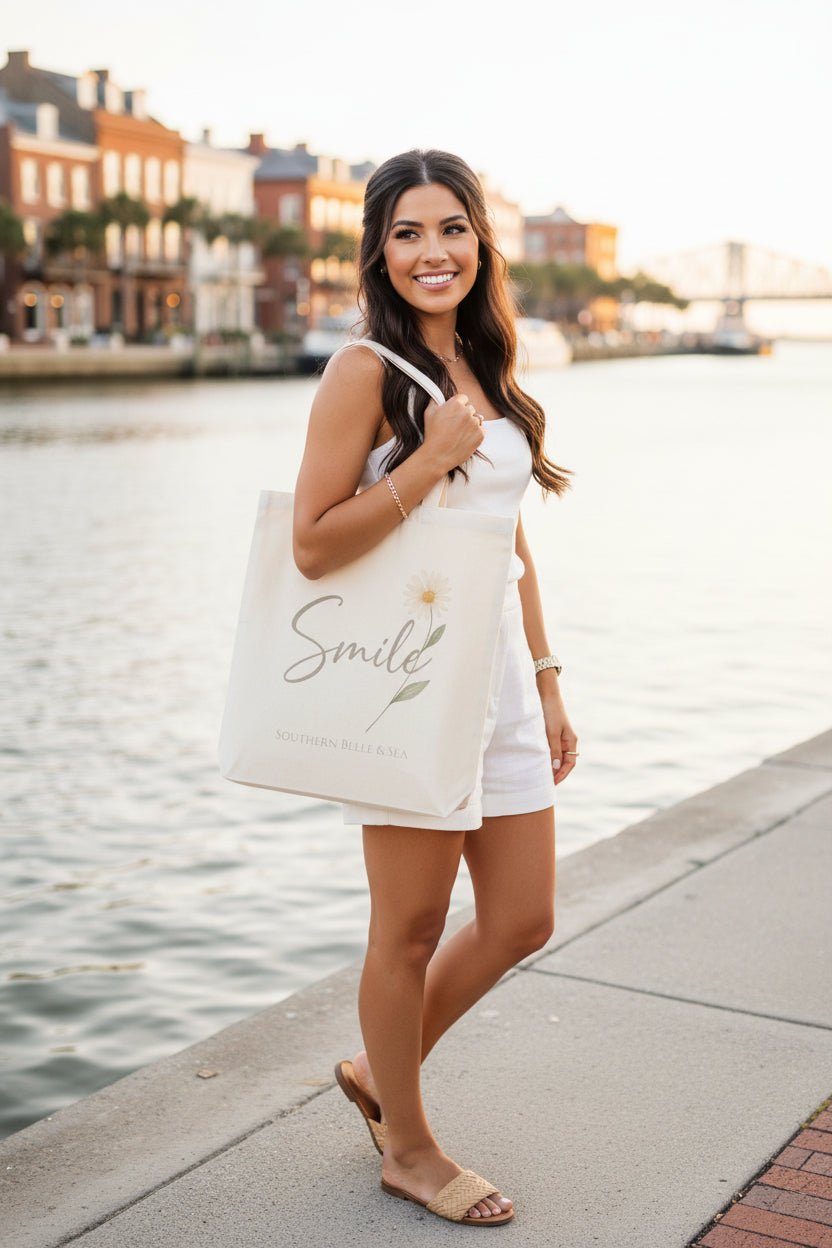 Smile Daisy Canvas Tote Bag | Everyday Christian Gift | Southern Belle & Sea™ - Southern Belle & Sea