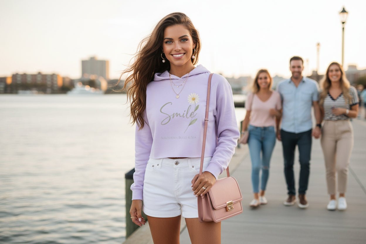 Smile Daisy Cropped Hoodie | Soft Feminine Hoodie in 4 Colors | Southern Belle & Sea™ - Southern Belle & Sea